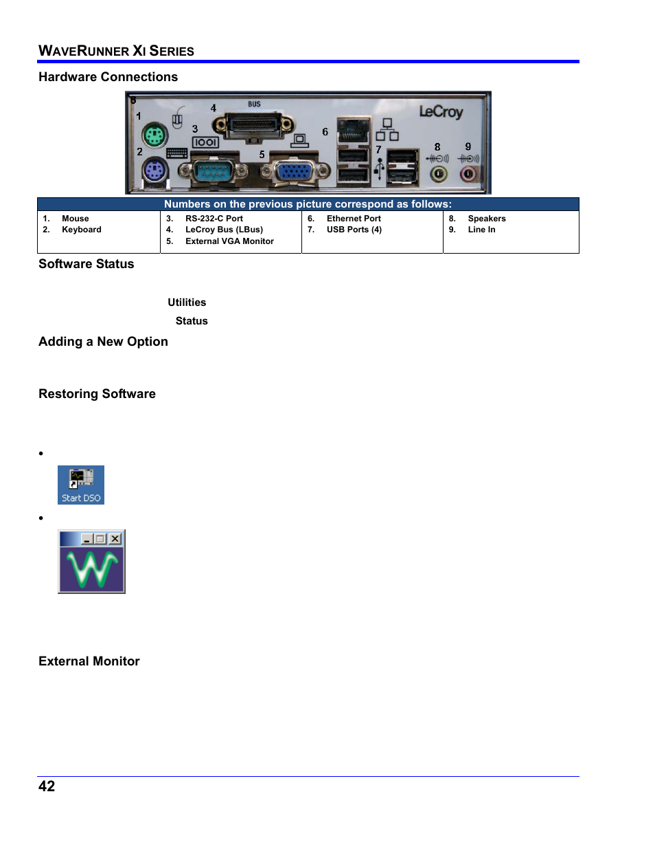 Hardware connections, Software status, Adding a new option | Restoring software, Restarting the application, Restarting the operating system, External monitor | Teledyne LeCroy WaveRunner XI SERIES Operator’s Manual User Manual | Page 42 / 233