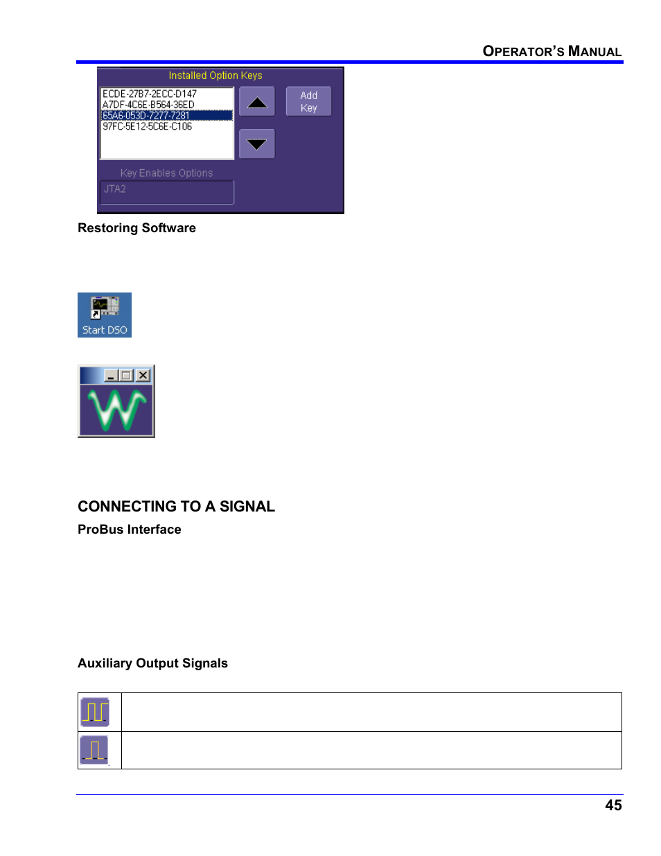 Restoring software, Restarting the application, Restarting the operating system | Connecting to a signal, Probus interface, Auxiliary output signals, Onnecting to a, Ignal | Teledyne LeCroy WaveRunner XI SERIES Operator’s Manual User Manual | Page 45 / 233