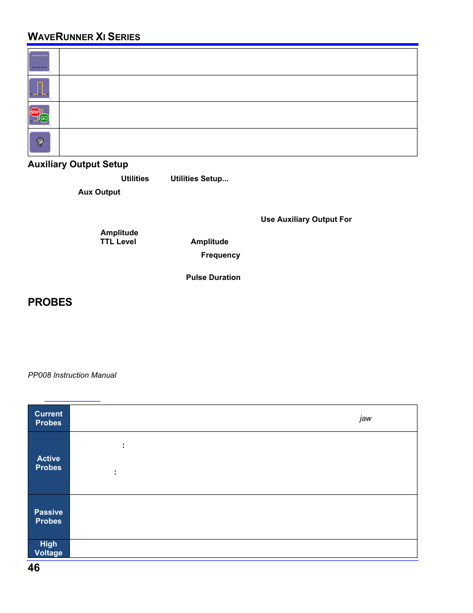 Auxiliary output setup, Probes, Robes | Teledyne LeCroy WaveRunner XI SERIES Operator’s Manual User Manual | Page 46 / 233