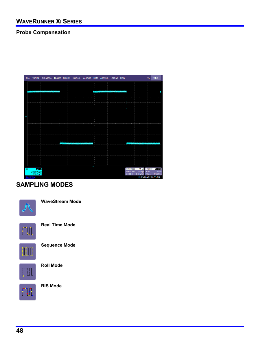 Probe compensation, Sampling modes, Ampling | Odes | Teledyne LeCroy WaveRunner XI SERIES Operator’s Manual User Manual | Page 48 / 233