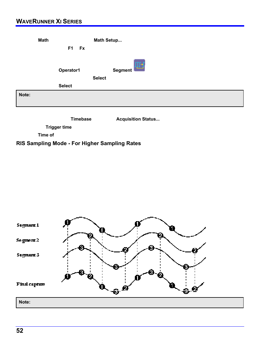 Displaying individual segments, Viewing time stamps, Ris sampling mode - for higher sampling rates | Teledyne LeCroy WaveRunner XI SERIES Operator’s Manual User Manual | Page 52 / 233