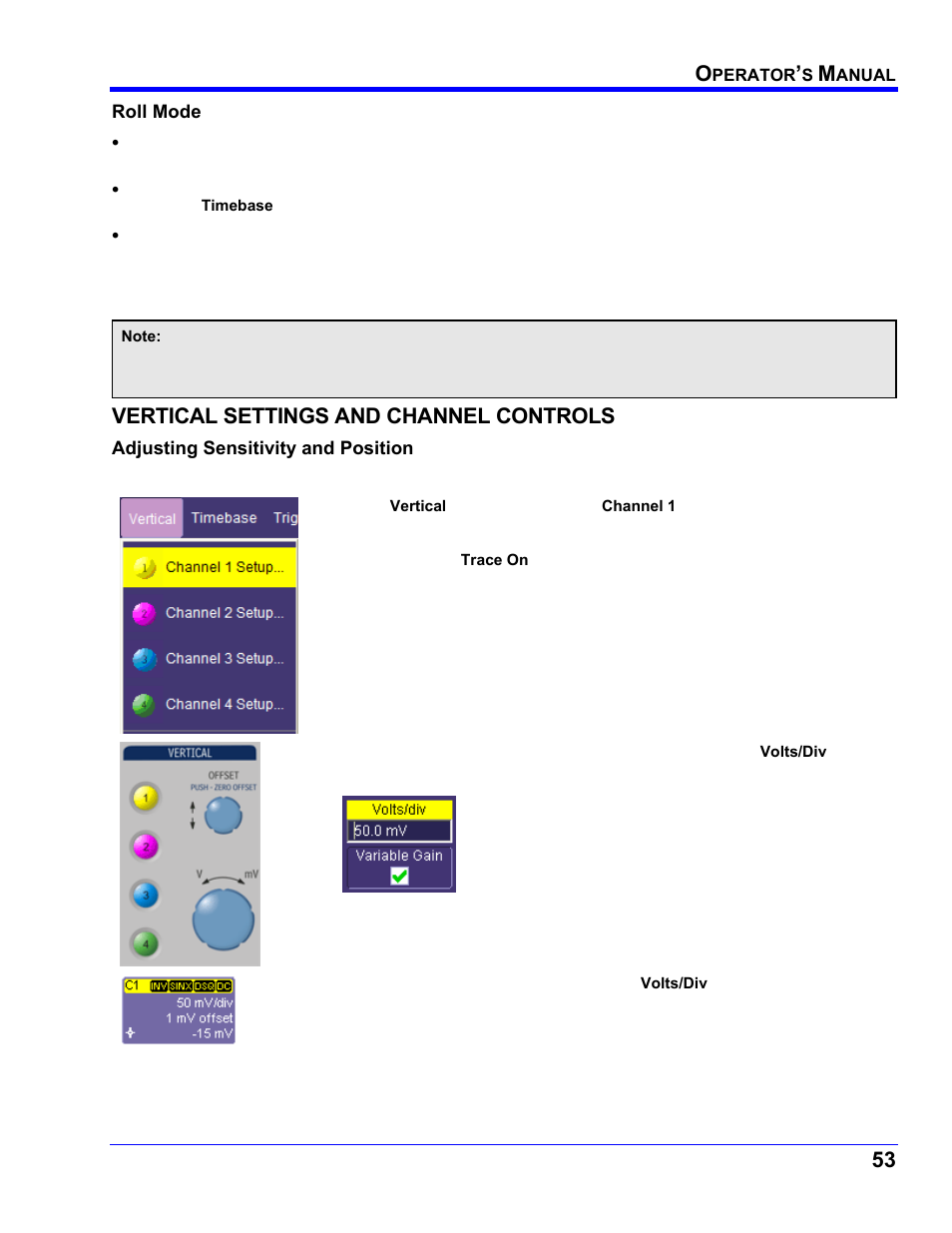 Roll mode, Vertical settings and channel controls, Adjusting sensitivity and position | Sensitivity adjustment, Ertical, Ettings and, Hannel, Ontrols | Teledyne LeCroy WaveRunner XI SERIES Operator’s Manual User Manual | Page 53 / 233
