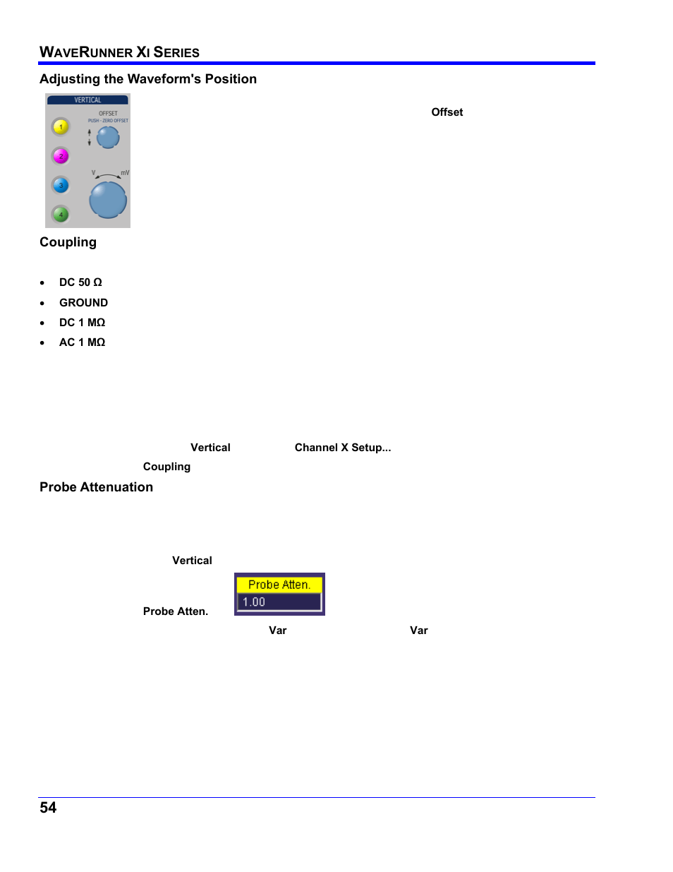Adjusting the waveform's position, Coupling, Overload protection | Coupling setup, Probe attenuation, Probe attenuation setup | Teledyne LeCroy WaveRunner XI SERIES Operator’s Manual User Manual | Page 54 / 233