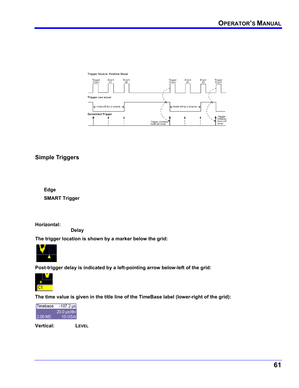 Hold off by events, Simple triggers, Edge trigger on simple signals | Control edge triggering | Teledyne LeCroy WaveRunner XI SERIES Operator’s Manual User Manual | Page 61 / 233