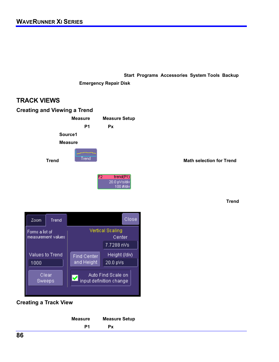 Windows repair disk, To create an emergency repair disk, Track views | Creating and viewing a trend, Creating a track view, Rack, Iews | Teledyne LeCroy WaveRunner XI SERIES Operator’s Manual User Manual | Page 86 / 233