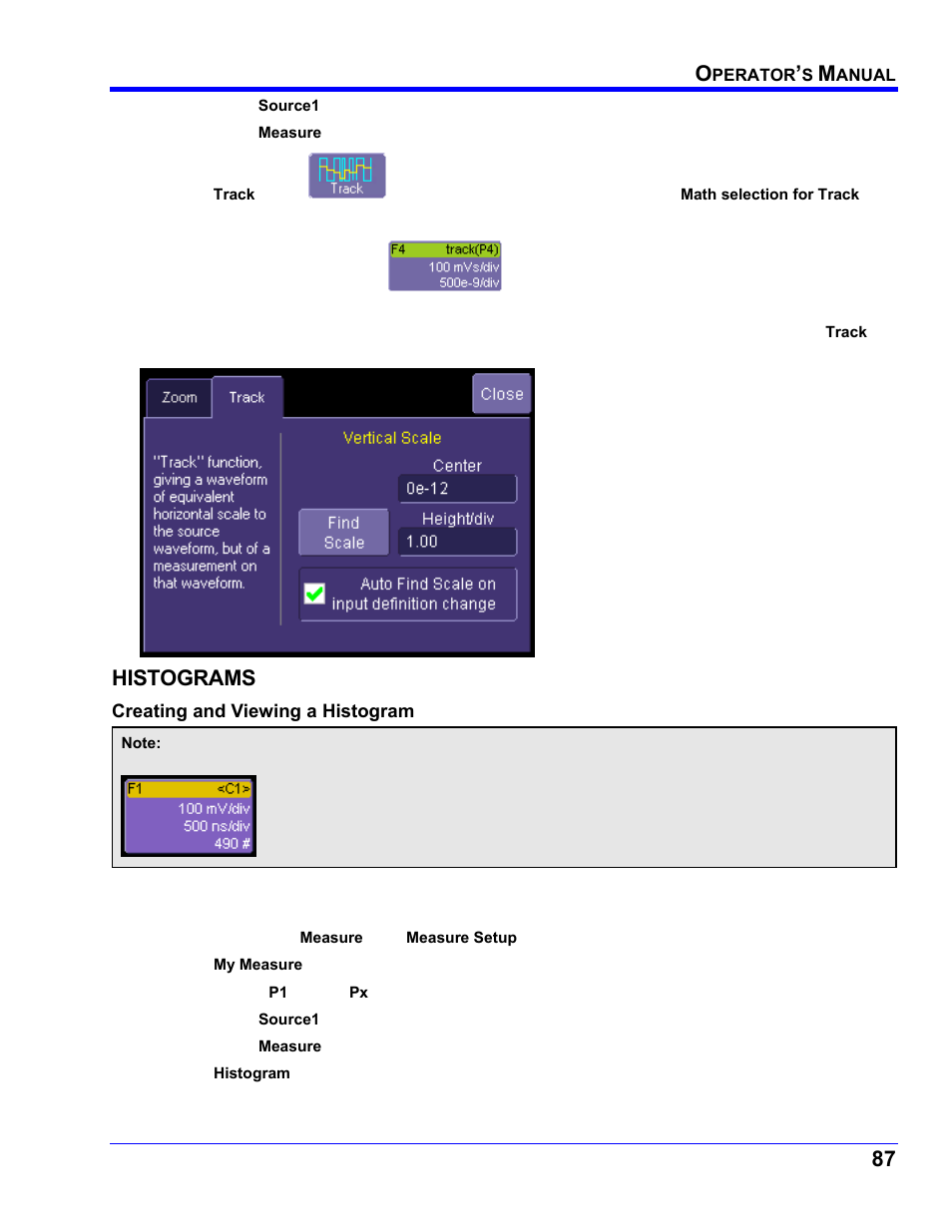 Histograms, Creating and viewing a histogram, Single parameter histogram setup | From measure dialog, Istograms | Teledyne LeCroy WaveRunner XI SERIES Operator’s Manual User Manual | Page 87 / 233