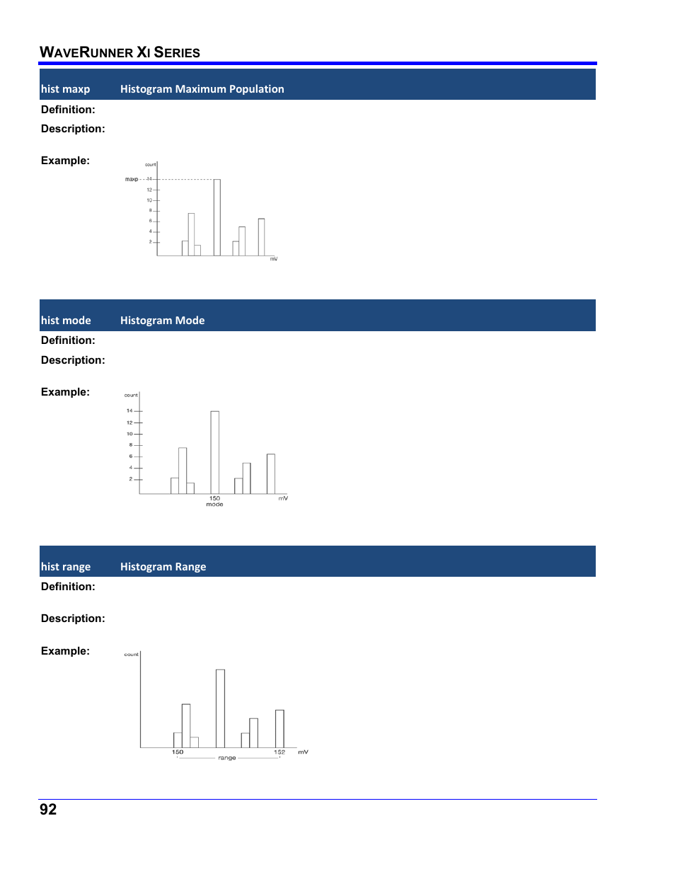 Hist maxp, Histogram maximum population, Hist mode | Histogram mode, Hist range, Histogram range | Teledyne LeCroy WaveRunner XI SERIES Operator’s Manual User Manual | Page 92 / 233