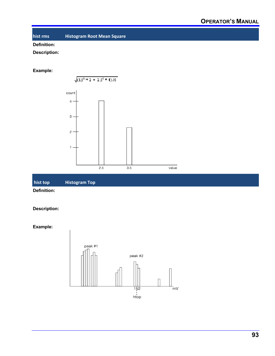 Hist rms, Histogram root mean square, Hist top | Histogram top | Teledyne LeCroy WaveRunner XI SERIES Operator’s Manual User Manual | Page 93 / 233