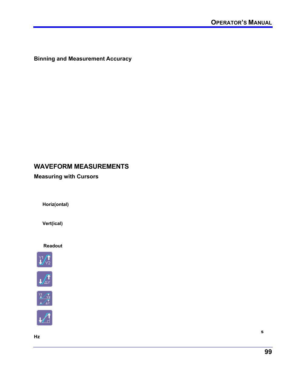 Binning and measurement accuracy, Waveform measurements, Measuring with cursors | Cursor measurement icons, Aveform, Easurements | Teledyne LeCroy WaveRunner XI SERIES Operator’s Manual User Manual | Page 99 / 233