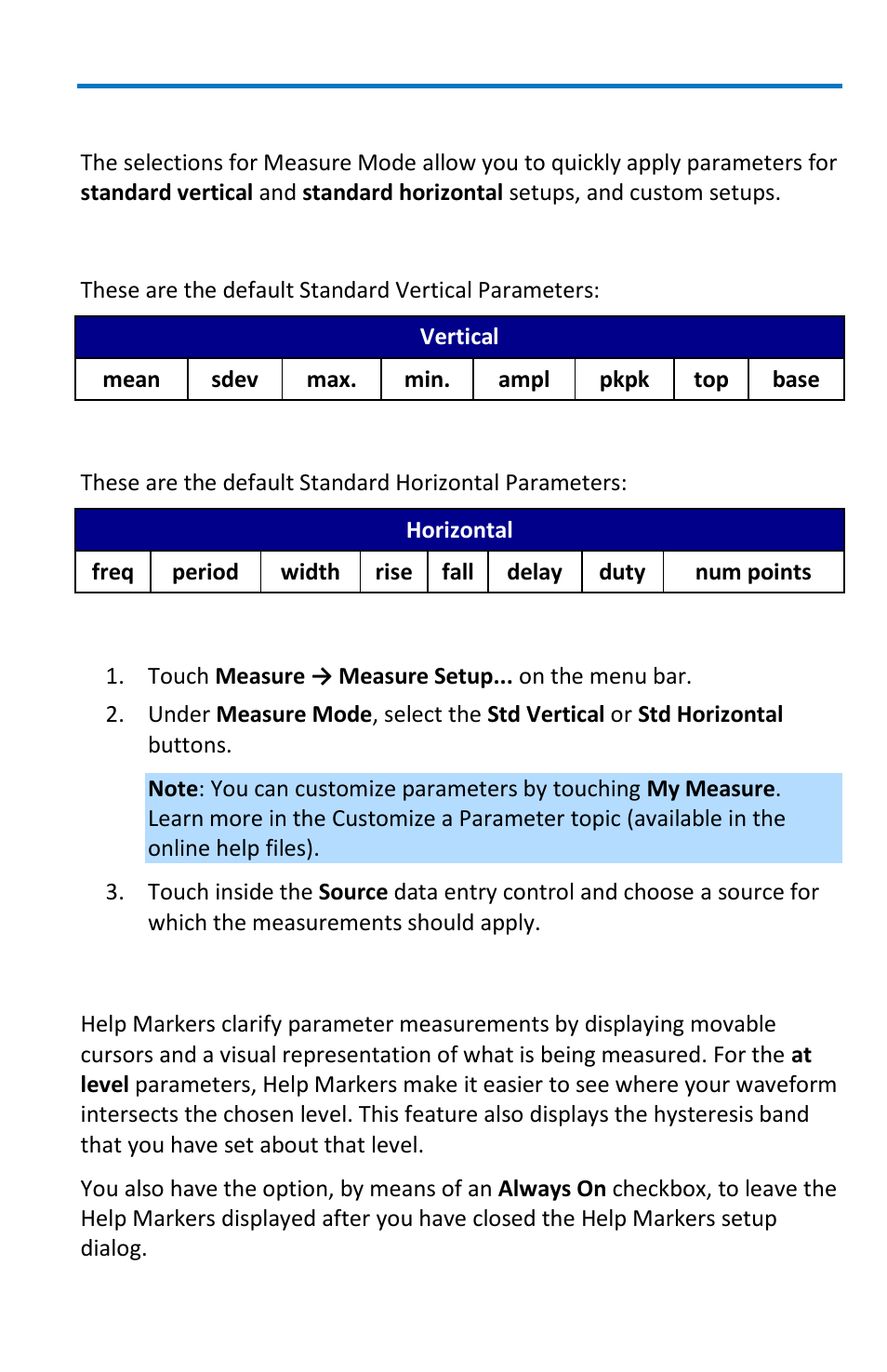 Measure modes, Help markers, Standard vertical parameters | Standard horizontal parameters, Selecting measure modes | Teledyne LeCroy WaveMaster 8 Zi_Zi-A User Manual | Page 103 / 190