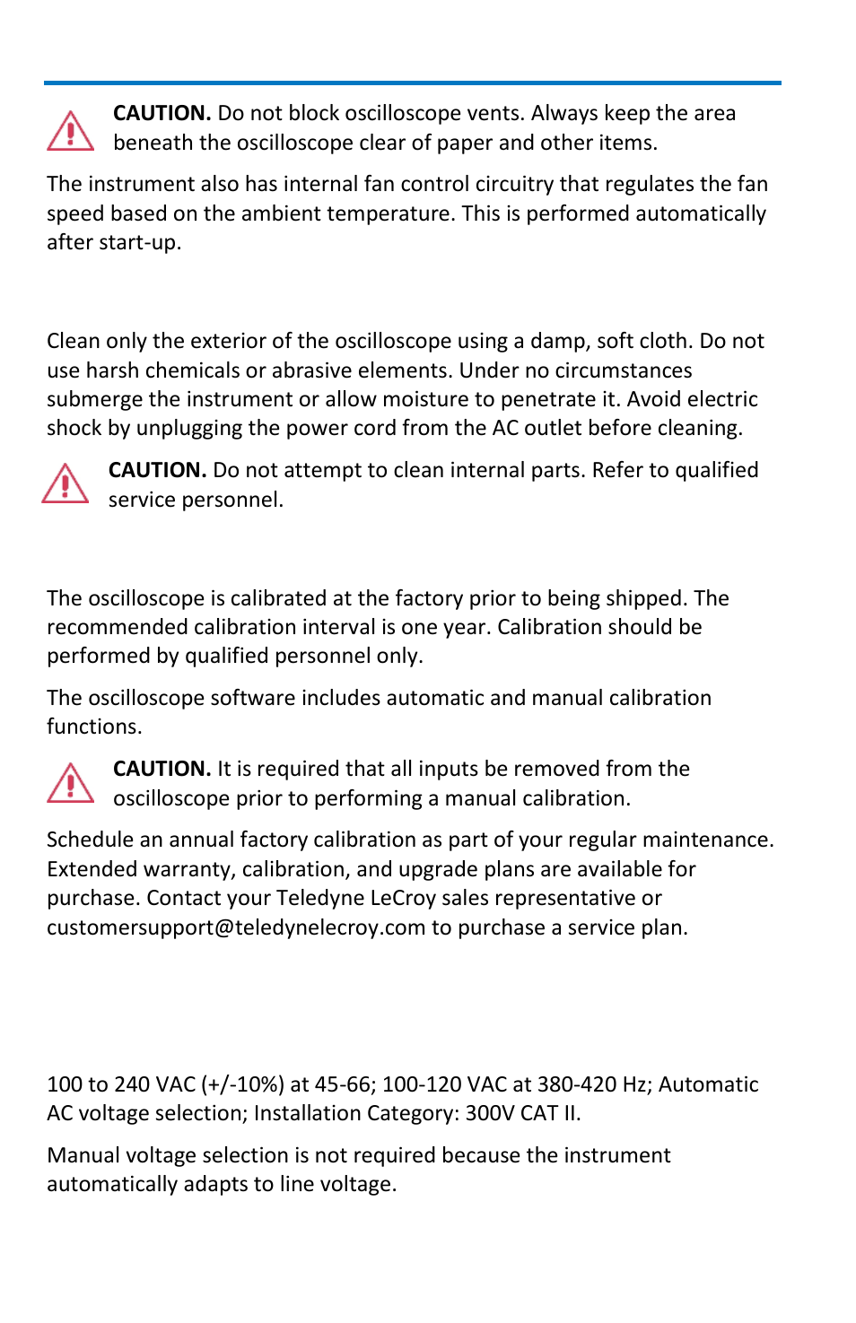 Cleaning, Calibration, Power | Ac power source | Teledyne LeCroy WaveMaster 8 Zi_Zi-A User Manual | Page 12 / 190