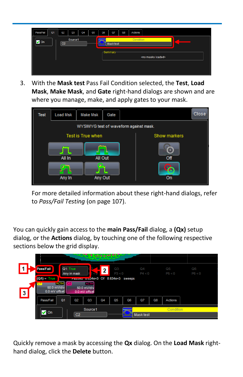 Quick access to pass/fail setup dialogs, Removing a mask from the display | Teledyne LeCroy WaveMaster 8 Zi_Zi-A User Manual | Page 126 / 190