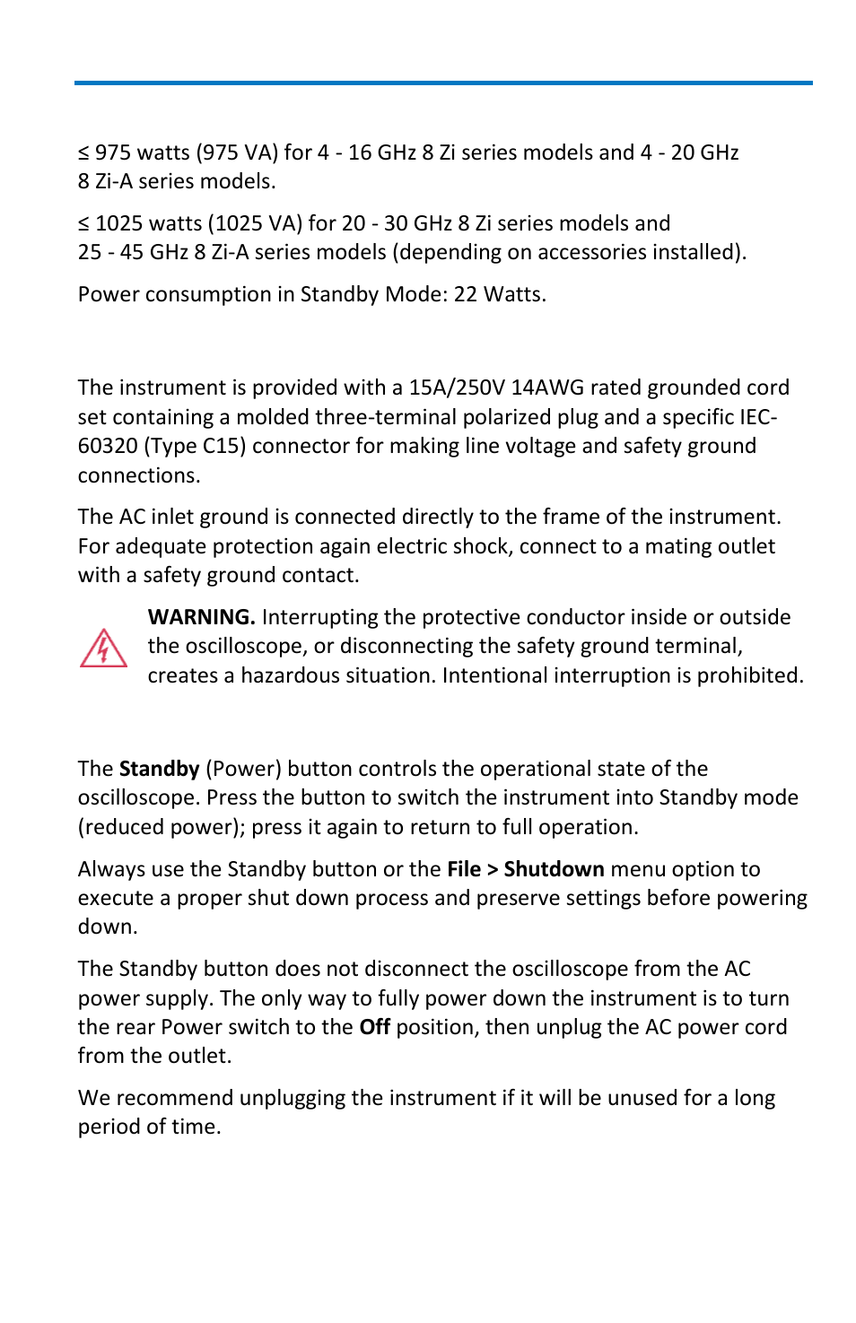 Power consumption, Power and ground connections, Standby power | Teledyne LeCroy WaveMaster 8 Zi_Zi-A User Manual | Page 13 / 190
