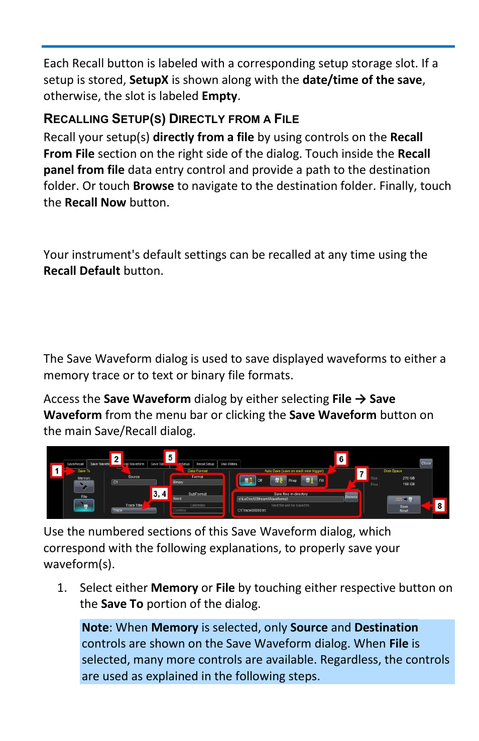 Saving and recalling waveforms, Recalling default settings, Saving waveforms | Teledyne LeCroy WaveMaster 8 Zi_Zi-A User Manual | Page 139 / 190