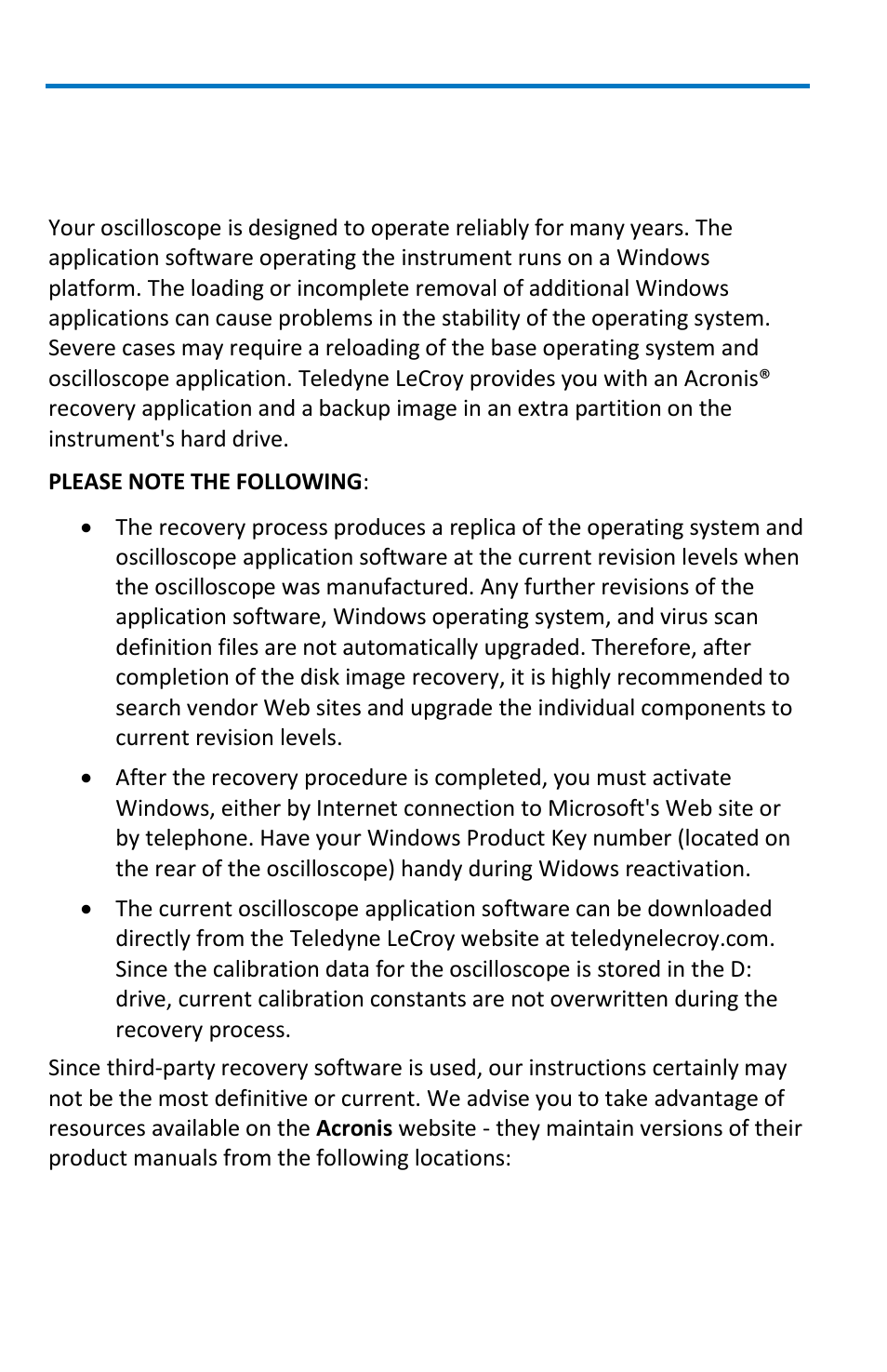 System recovery, Restoring software with acronis true image | Teledyne LeCroy WaveMaster 8 Zi_Zi-A User Manual | Page 164 / 190