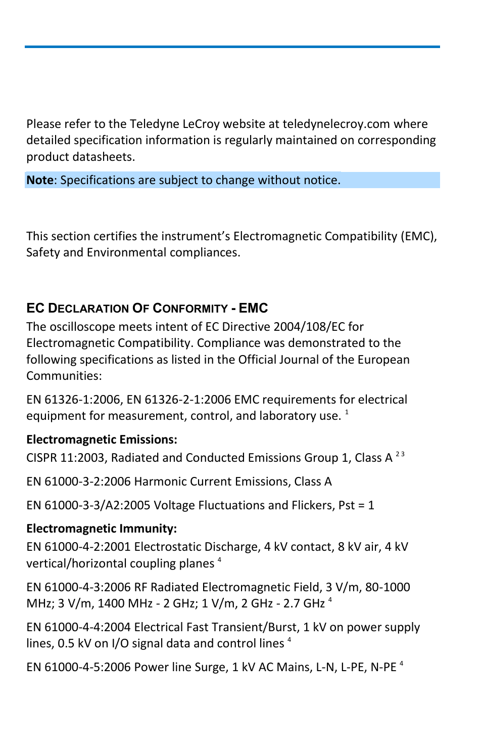 Reference, Specifications, Certifications | Emc compliance, Wavemaster 8 zi/zi-a oscilloscopes | Teledyne LeCroy WaveMaster 8 Zi_Zi-A User Manual | Page 168 / 190