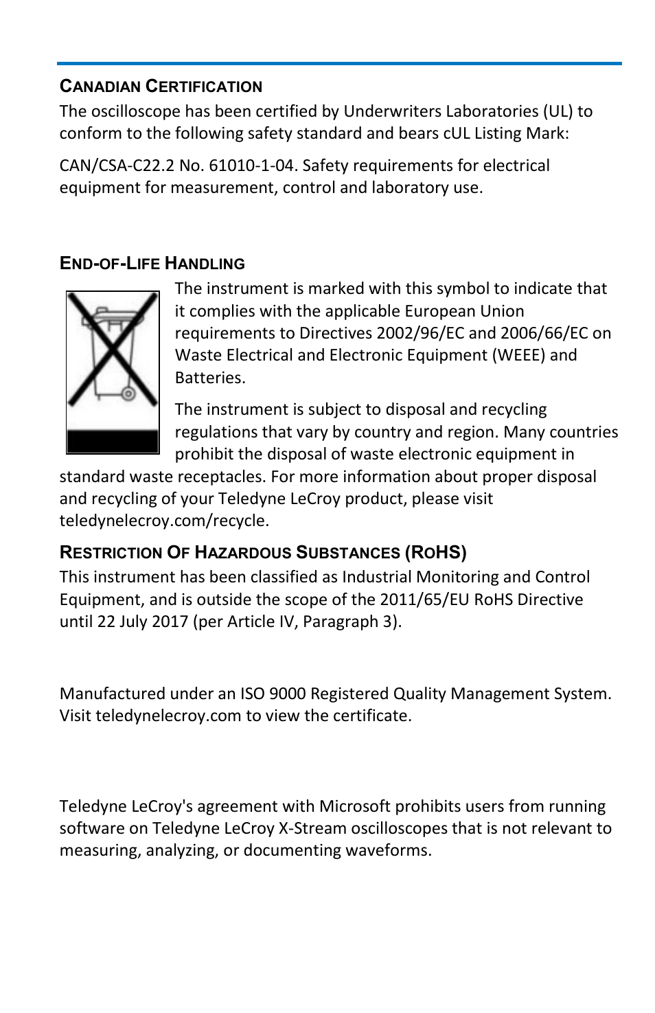 Windows license agreement, Environmental compliance, Iso certification | Getting started manual | Teledyne LeCroy WaveMaster 8 Zi_Zi-A User Manual | Page 171 / 190