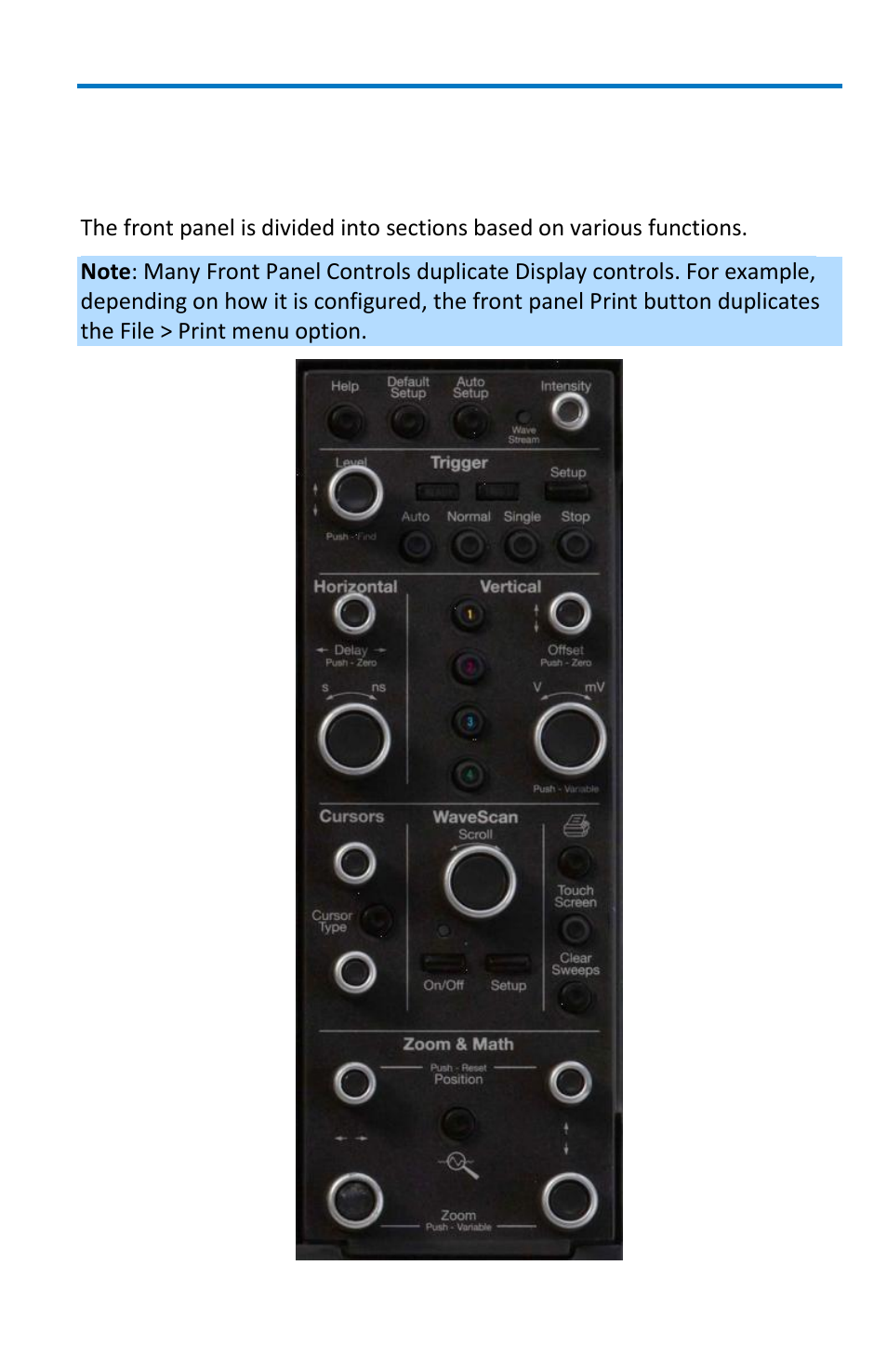Basic controls, Front panel controls | Teledyne LeCroy WaveMaster 8 Zi_Zi-A User Manual | Page 19 / 190