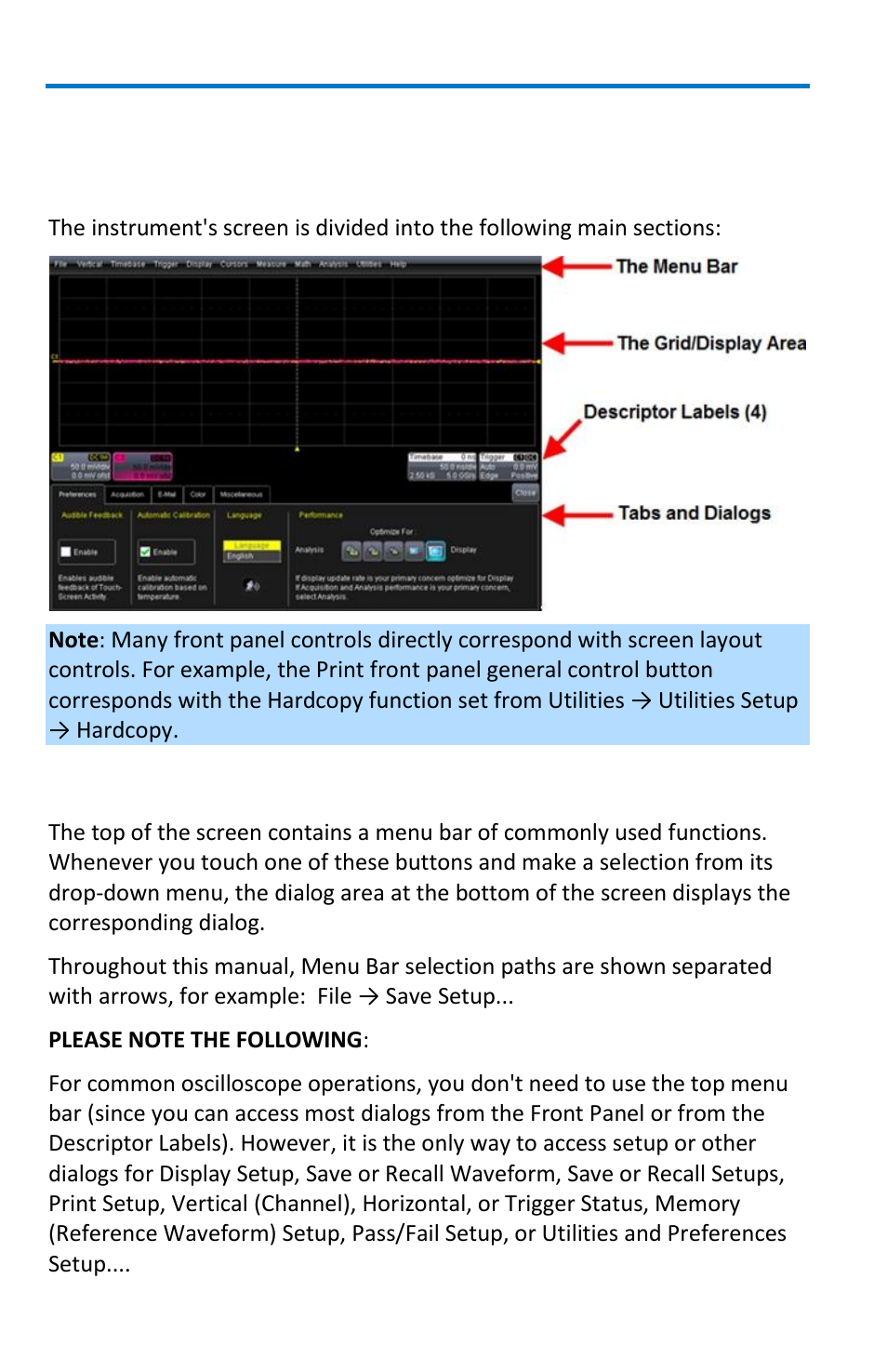 Display, Screen layout, groupings, and controls, Menu bar | Teledyne LeCroy WaveMaster 8 Zi_Zi-A User Manual | Page 34 / 190