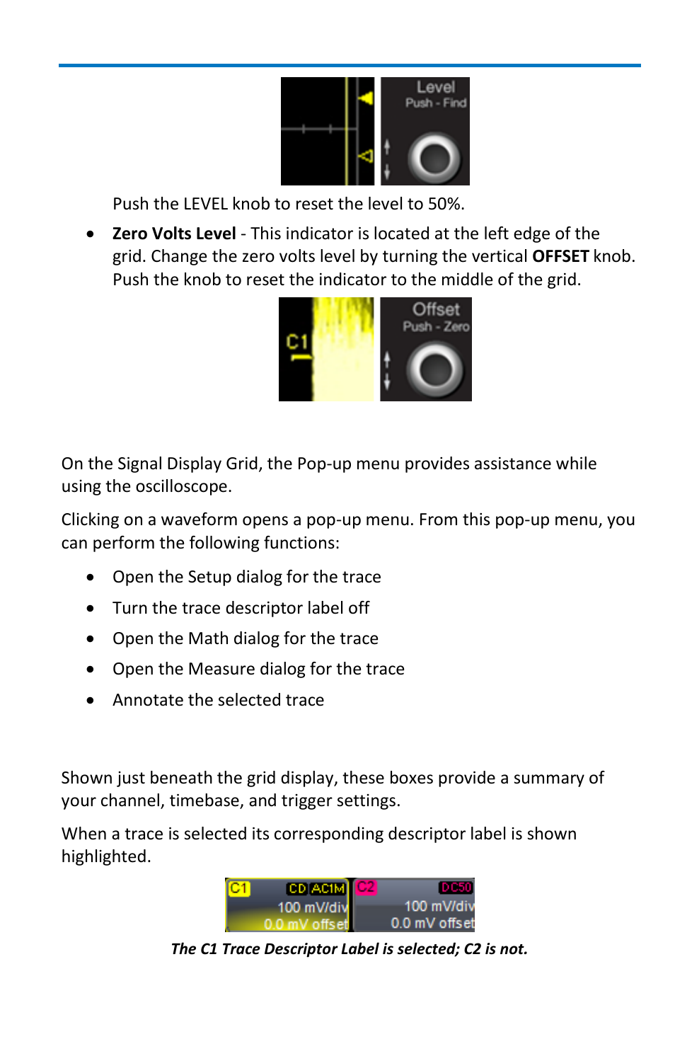 Trace descriptor labels, Signal display grid pop-up menu | Teledyne LeCroy WaveMaster 8 Zi_Zi-A User Manual | Page 37 / 190