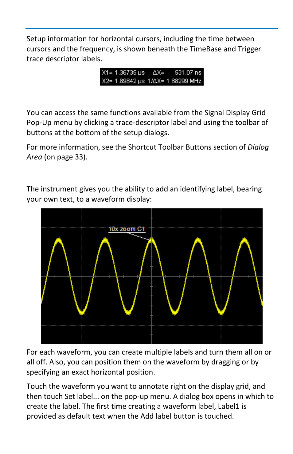 Shortcut toolbar buttons, Annotating traces | Teledyne LeCroy WaveMaster 8 Zi_Zi-A User Manual | Page 39 / 190