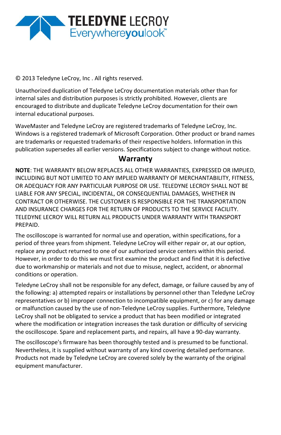 Warranty | Teledyne LeCroy WaveMaster 8 Zi_Zi-A User Manual | Page 4 / 190