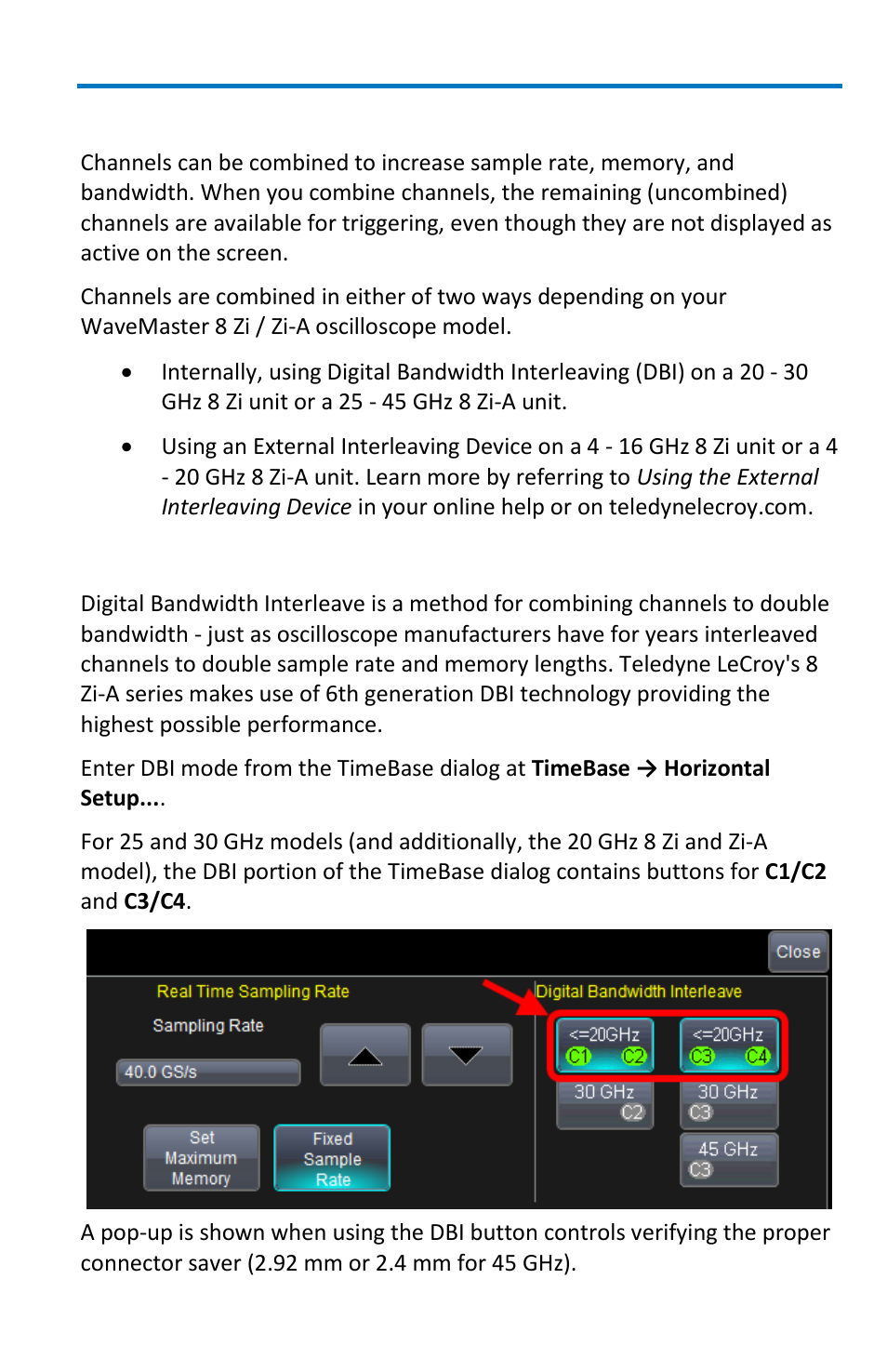 Combining channels, Using digital bandwidth interleave (dbi) | Teledyne LeCroy WaveMaster 8 Zi_Zi-A User Manual | Page 49 / 190