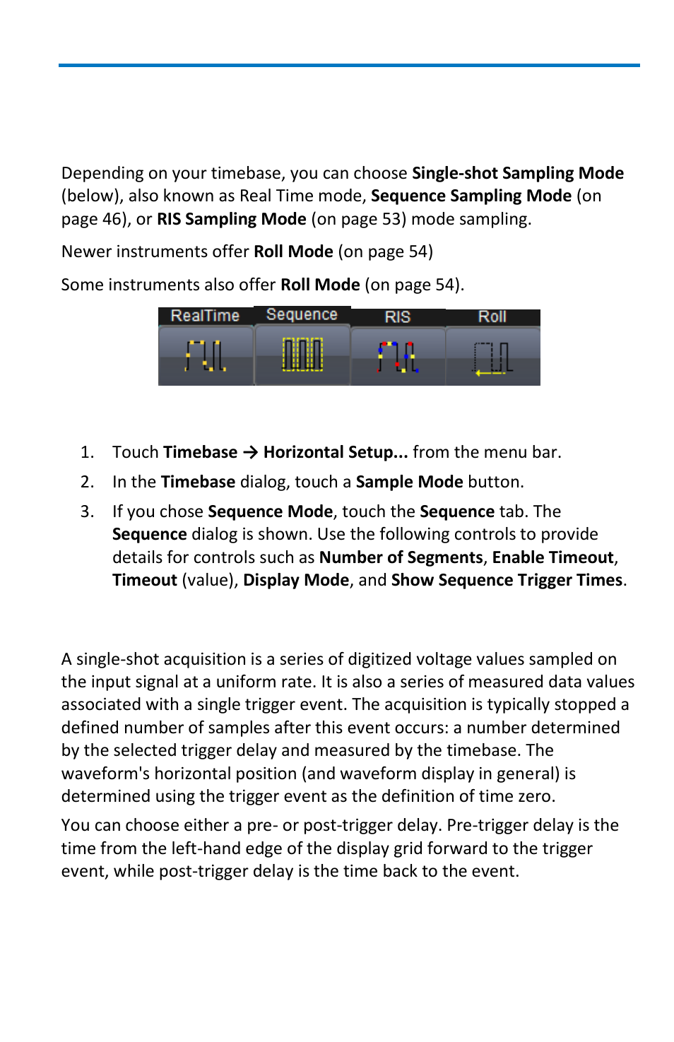 Sampling modes, Overview, Selecting a sampling mode | Single-shot sampling mode | Teledyne LeCroy WaveMaster 8 Zi_Zi-A User Manual | Page 53 / 190