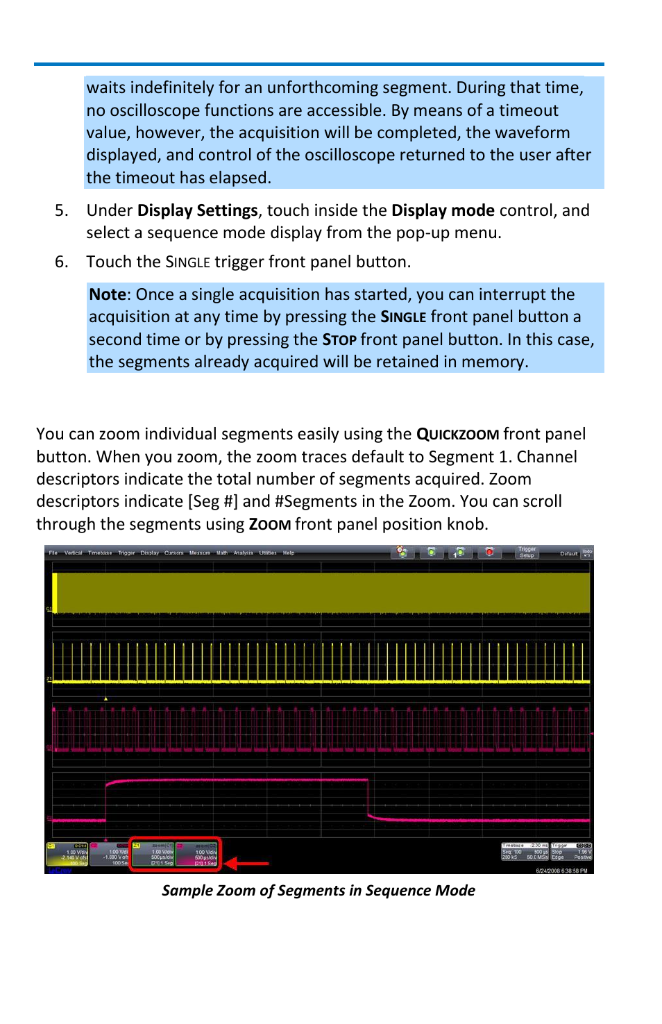 Zooming segments in sequence mode, Wavemaster 8 zi/zi-a oscilloscopes | Teledyne LeCroy WaveMaster 8 Zi_Zi-A User Manual | Page 58 / 190