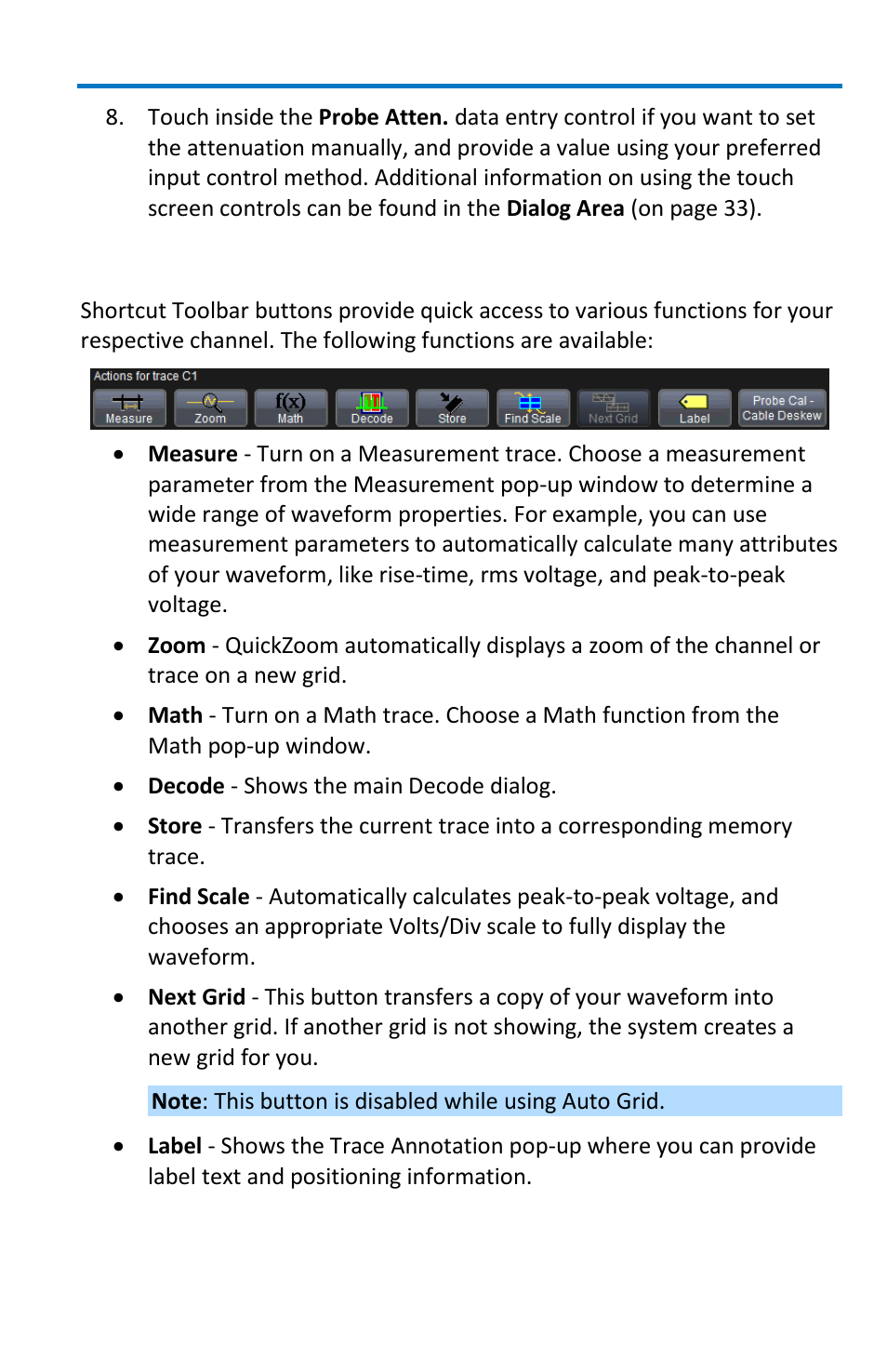 Shortcut toolbar buttons | Teledyne LeCroy WaveMaster 8 Zi_Zi-A User Manual | Page 65 / 190