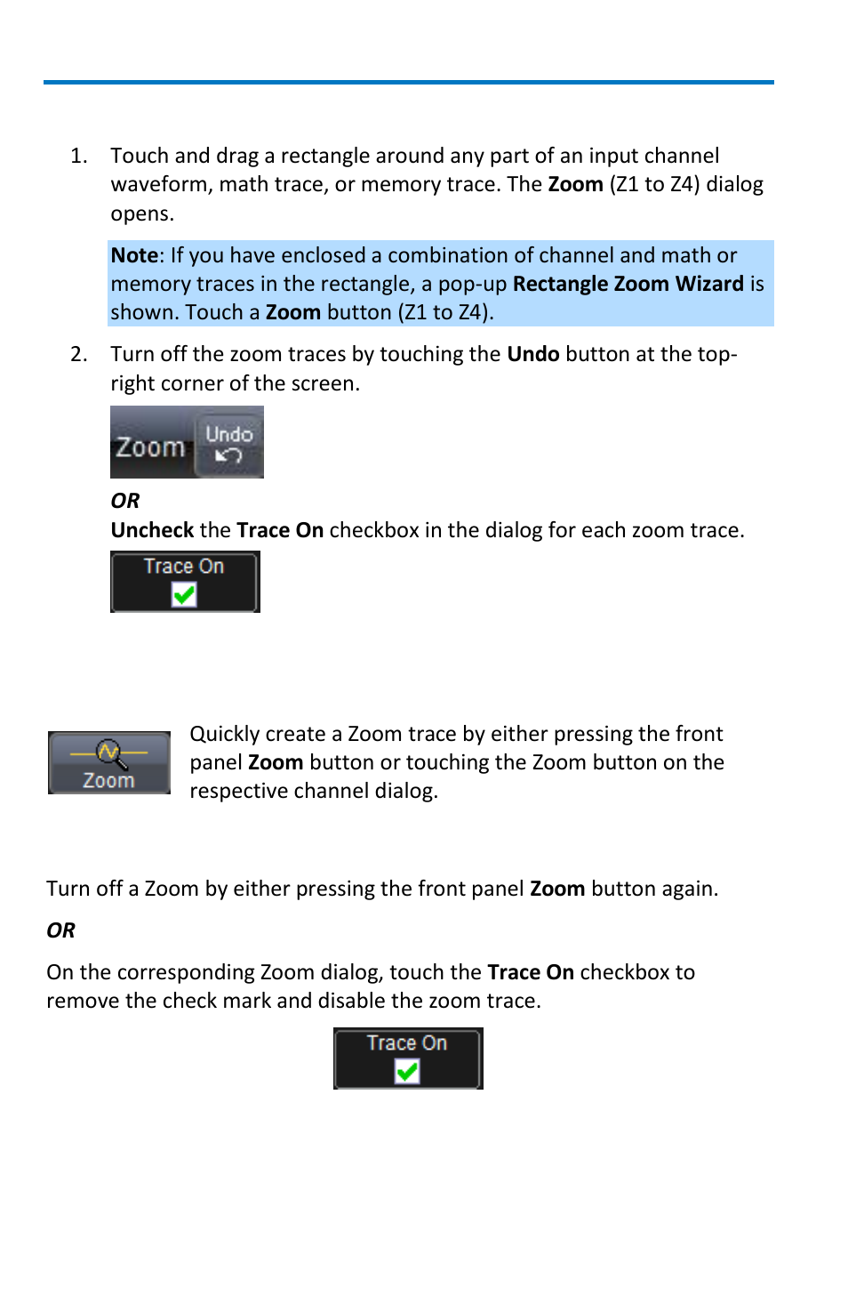 Touch-and-drag zooming, Quickly zooming waveforms and multiple waveforms, Turning off zoom | Teledyne LeCroy WaveMaster 8 Zi_Zi-A User Manual | Page 96 / 190