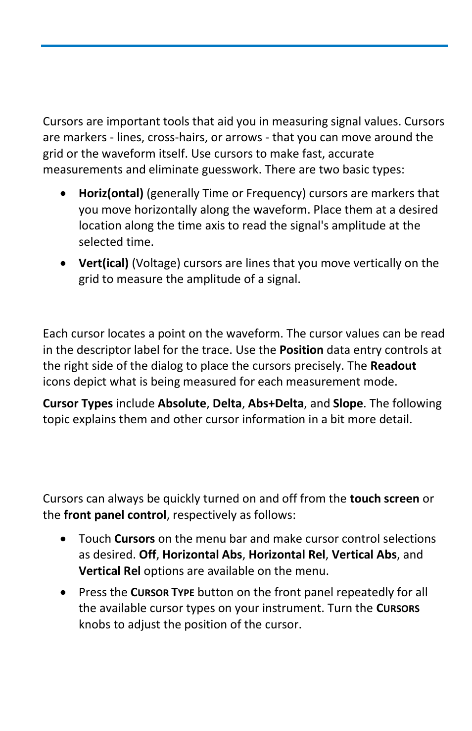 Measuring with cursors, Overview, Cursor types | Cursors setup, Quickly displaying cursors | Teledyne LeCroy WaveMaster 8 Zi_Zi-A User Manual | Page 97 / 190