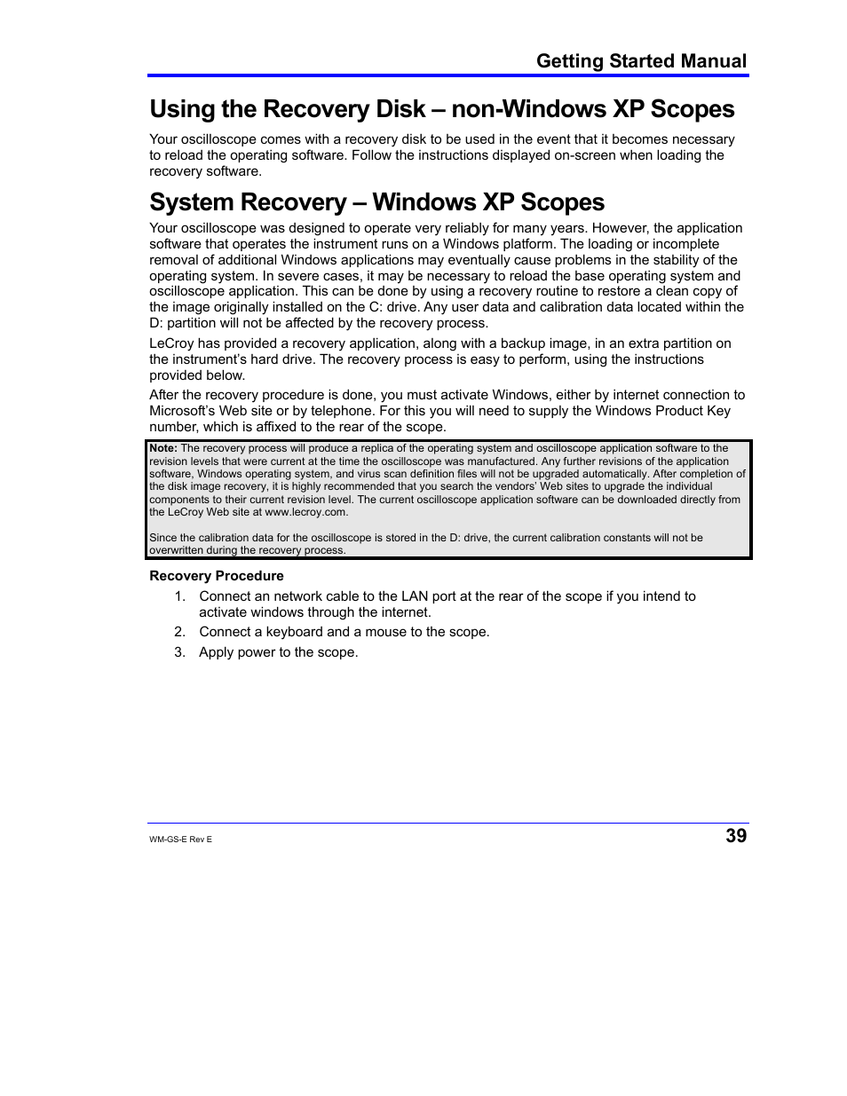 Using the recovery disk – non-windows xp scopes, System recovery – windows xp scopes | Teledyne LeCroy WaveMaster 8000A User Manual | Page 41 / 46