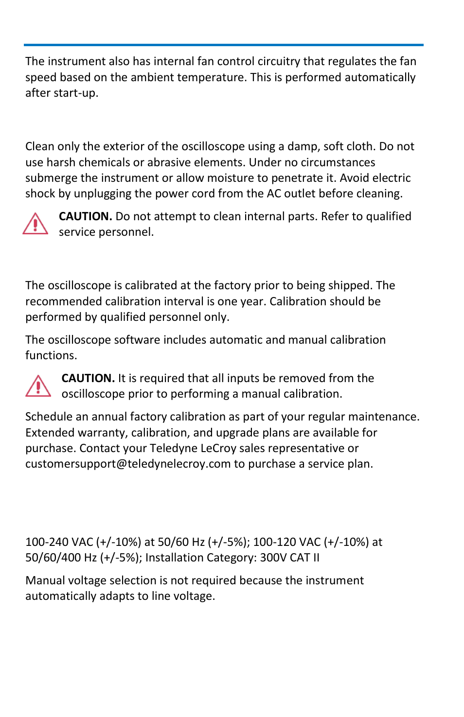 Cleaning, Calibration, Power | Teledyne LeCroy WavePro 7 Zi_Zi-A User Manual | Page 12 / 188