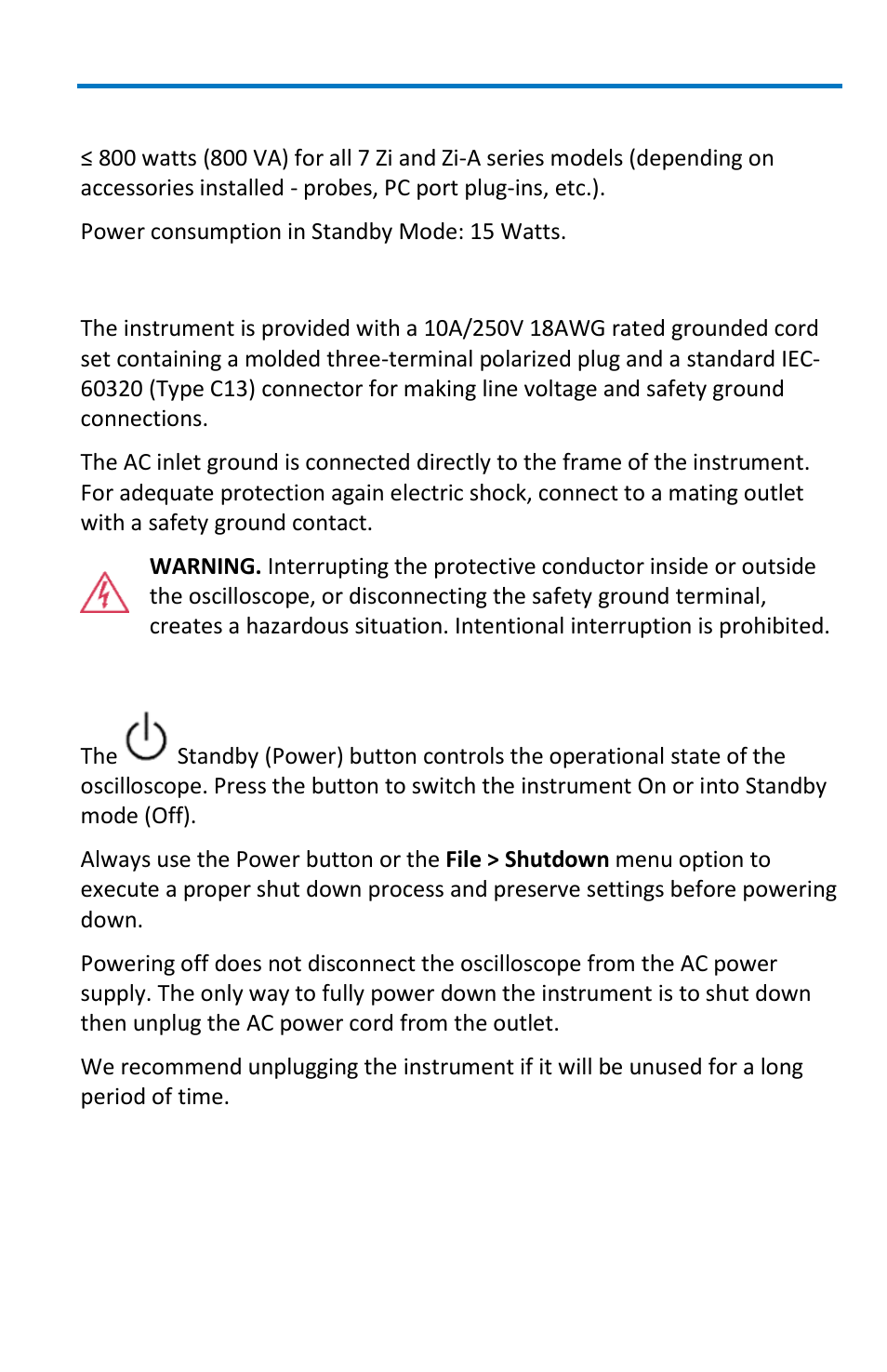 Power consumption, Power and ground connections, Standby power | Teledyne LeCroy WavePro 7 Zi_Zi-A User Manual | Page 13 / 188