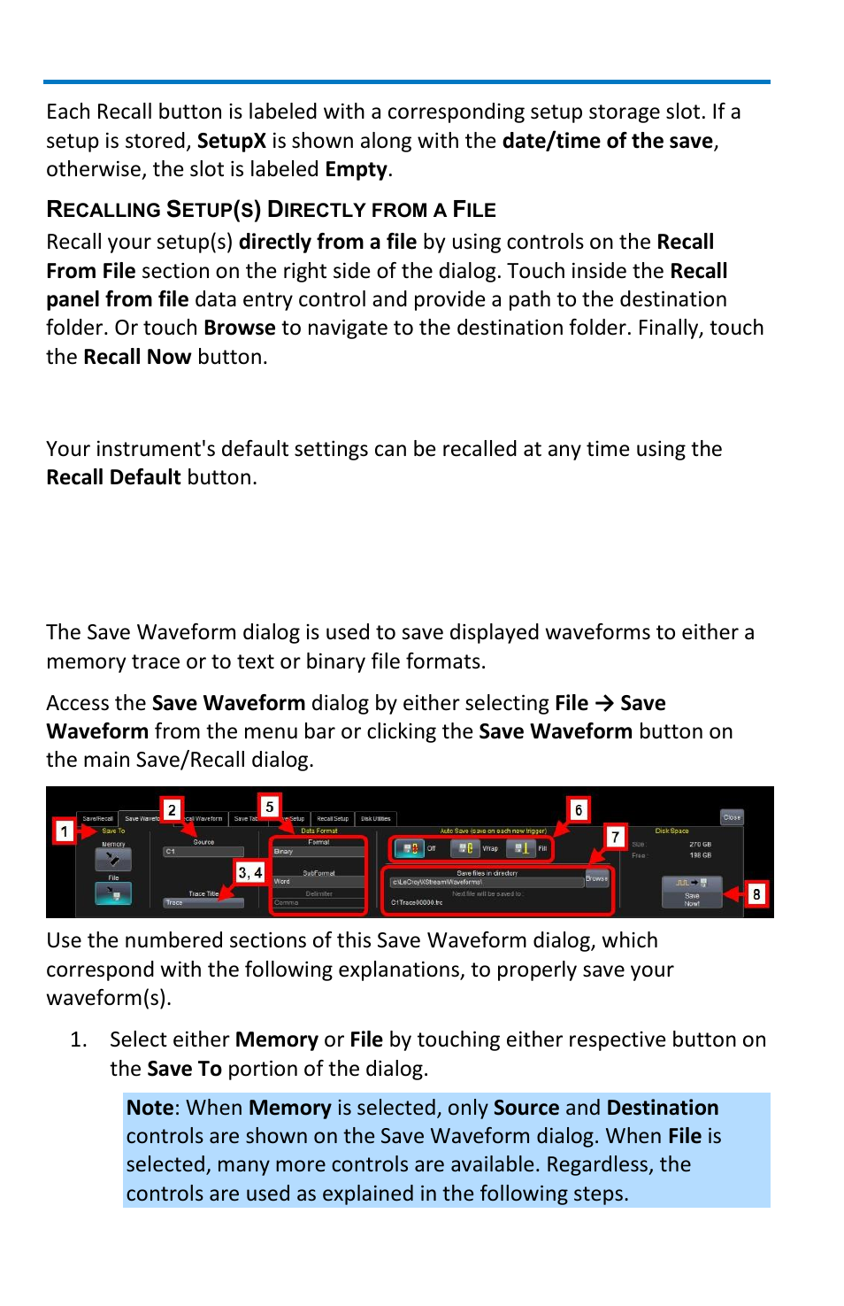 Saving and recalling waveforms, Recalling default settings, Saving waveforms | Teledyne LeCroy WavePro 7 Zi_Zi-A User Manual | Page 136 / 188