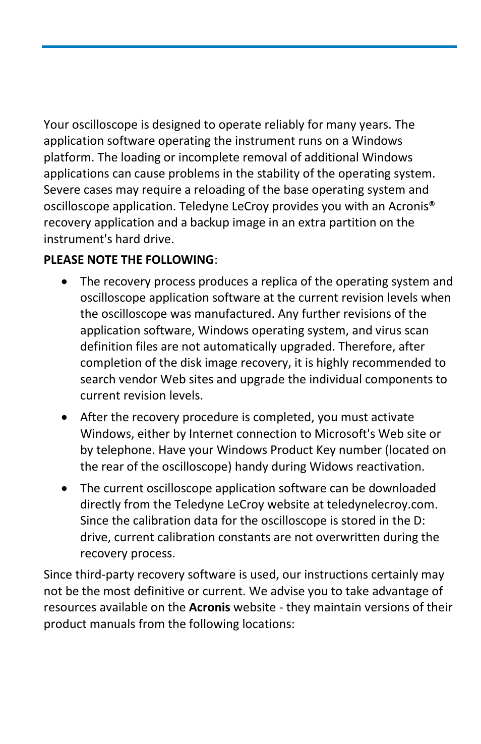 System recovery, Restoring software with acronis true image | Teledyne LeCroy WavePro 7 Zi_Zi-A User Manual | Page 161 / 188