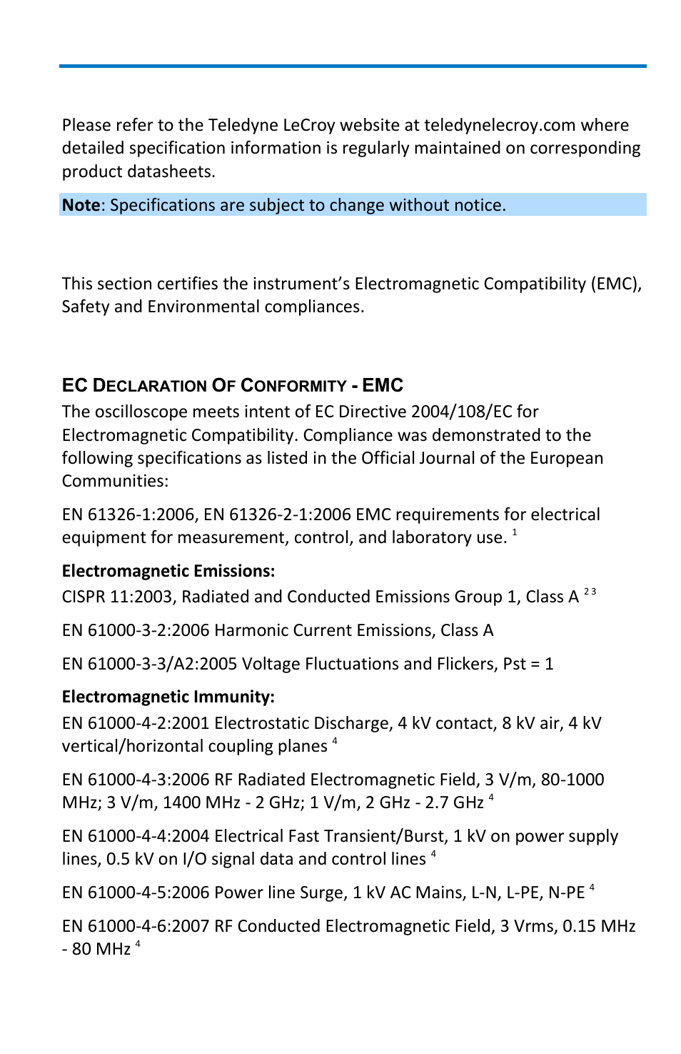 Specifications, Certifications, Emc compliance | Getting started manual | Teledyne LeCroy WavePro 7 Zi_Zi-A User Manual | Page 167 / 188