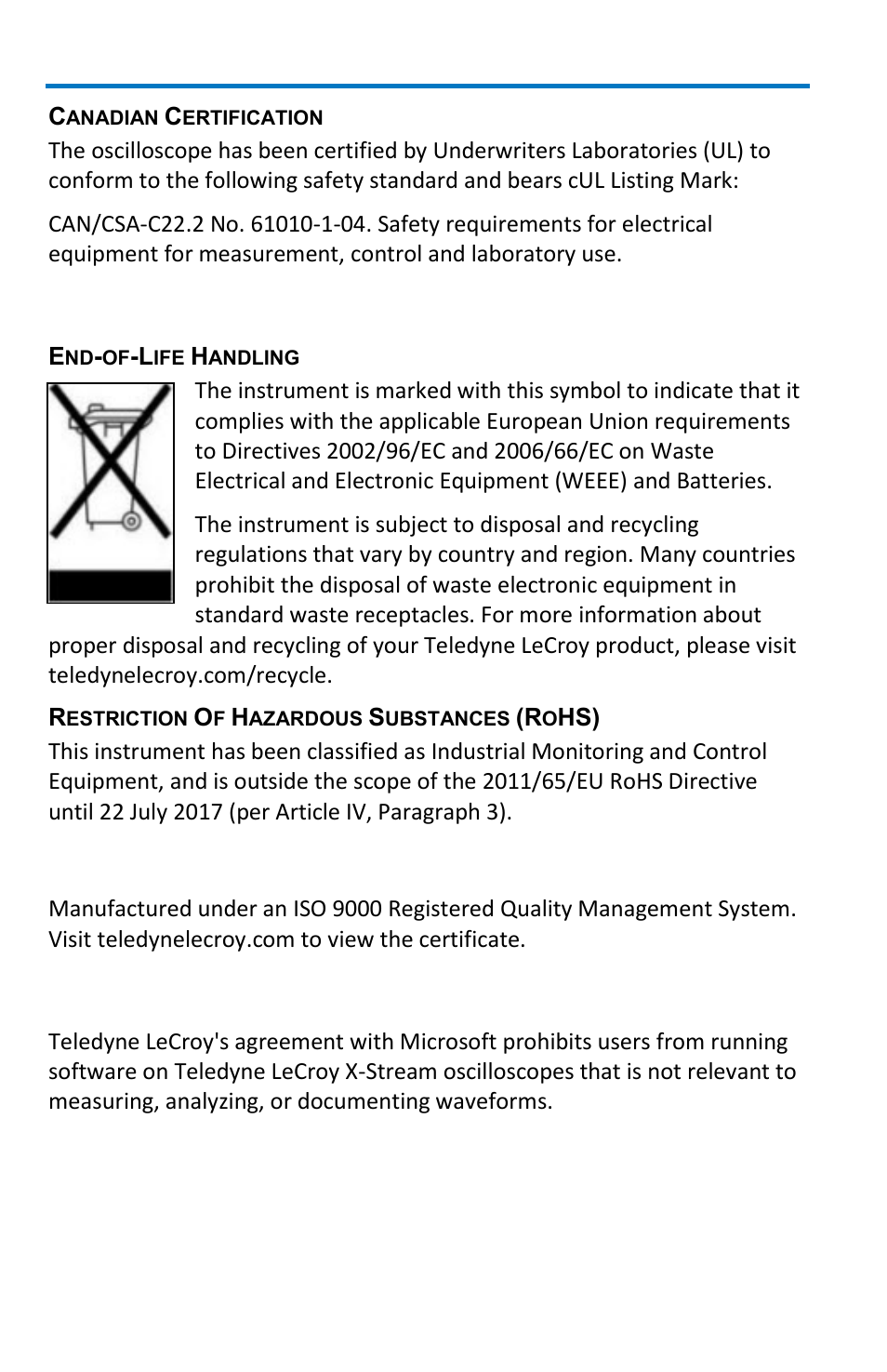 Windows license agreement, Environmental compliance, Iso certification | Teledyne LeCroy WavePro 7 Zi_Zi-A User Manual | Page 170 / 188