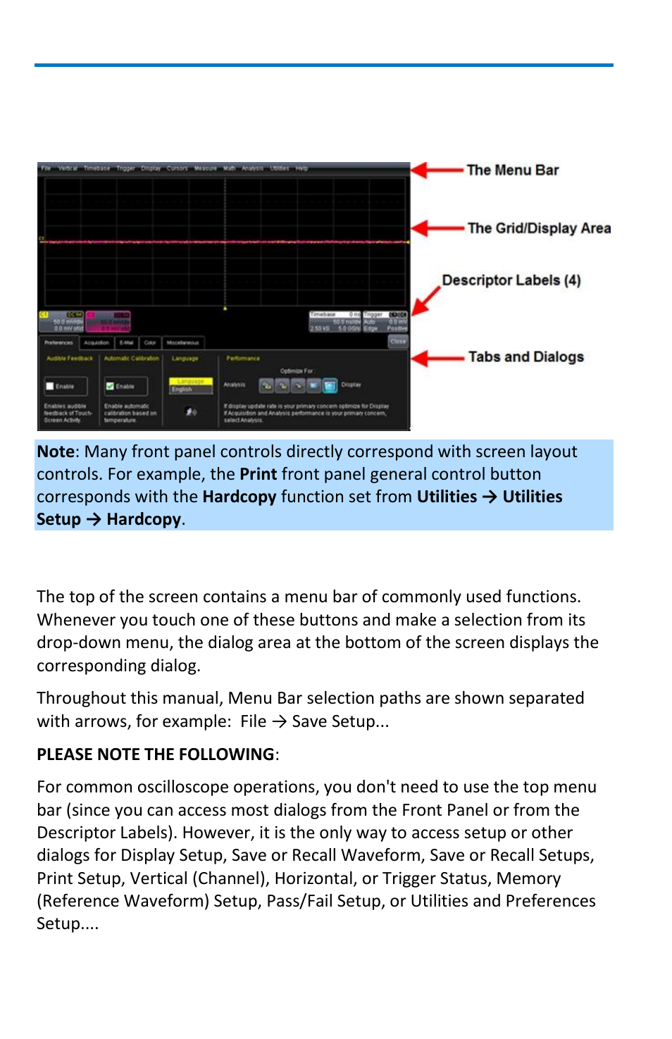 Display, Screen layout, groupings, and controls, Menu bar | Teledyne LeCroy WavePro 7 Zi_Zi-A User Manual | Page 34 / 188