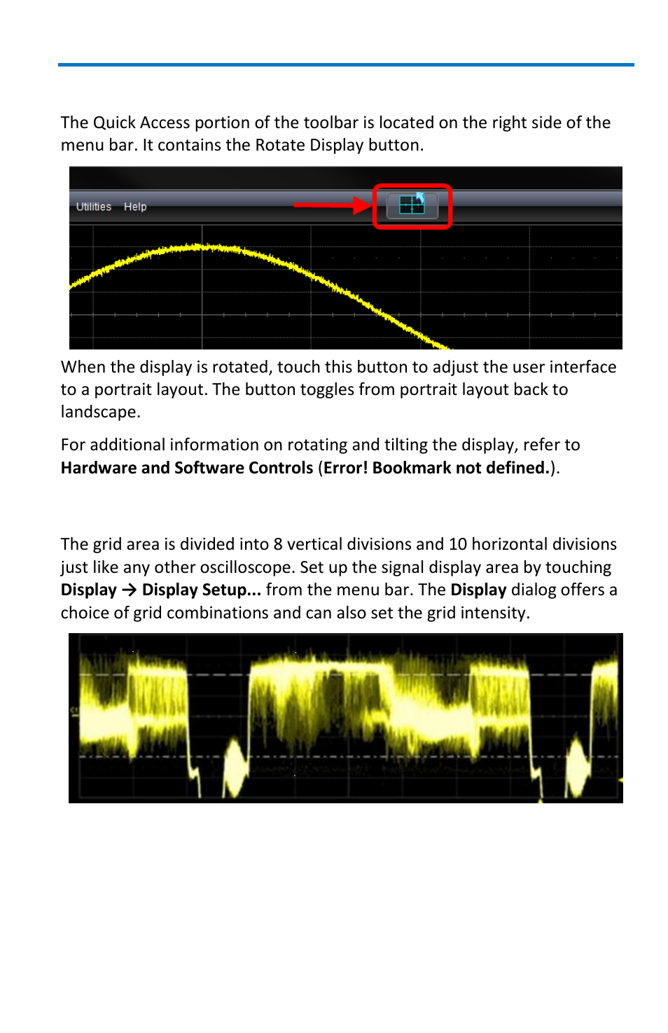 The quick access toolbar, The signal display grid | Teledyne LeCroy WavePro 7 Zi_Zi-A User Manual | Page 35 / 188