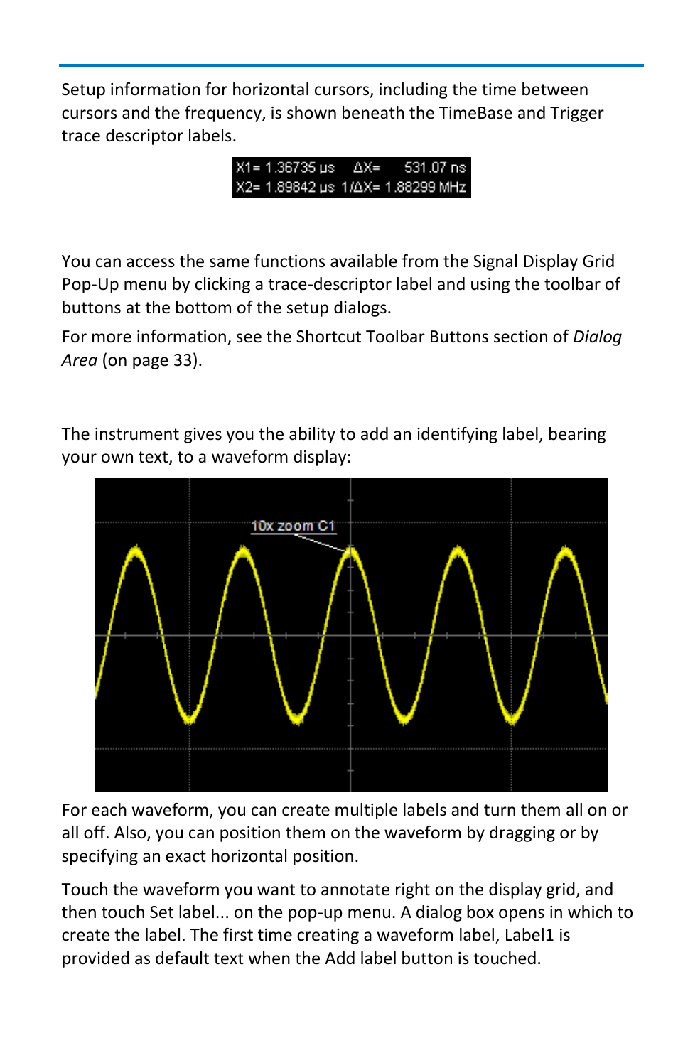 Shortcut toolbar buttons, Annotating traces | Teledyne LeCroy WavePro 7 Zi_Zi-A User Manual | Page 39 / 188