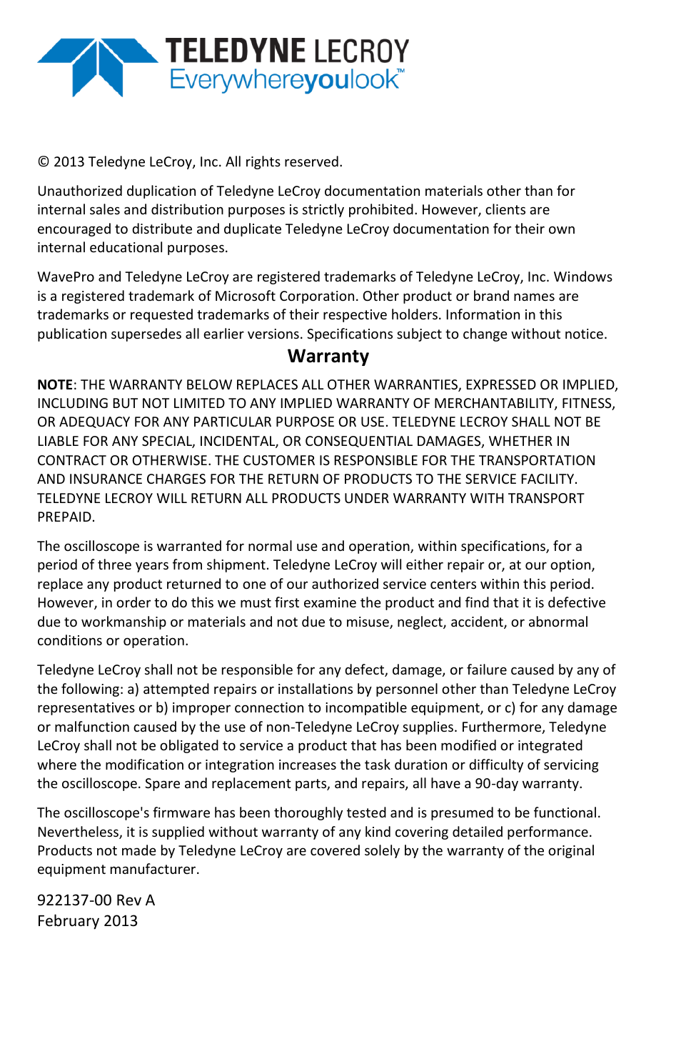 Warranty | Teledyne LeCroy WavePro 7 Zi_Zi-A User Manual | Page 4 / 188