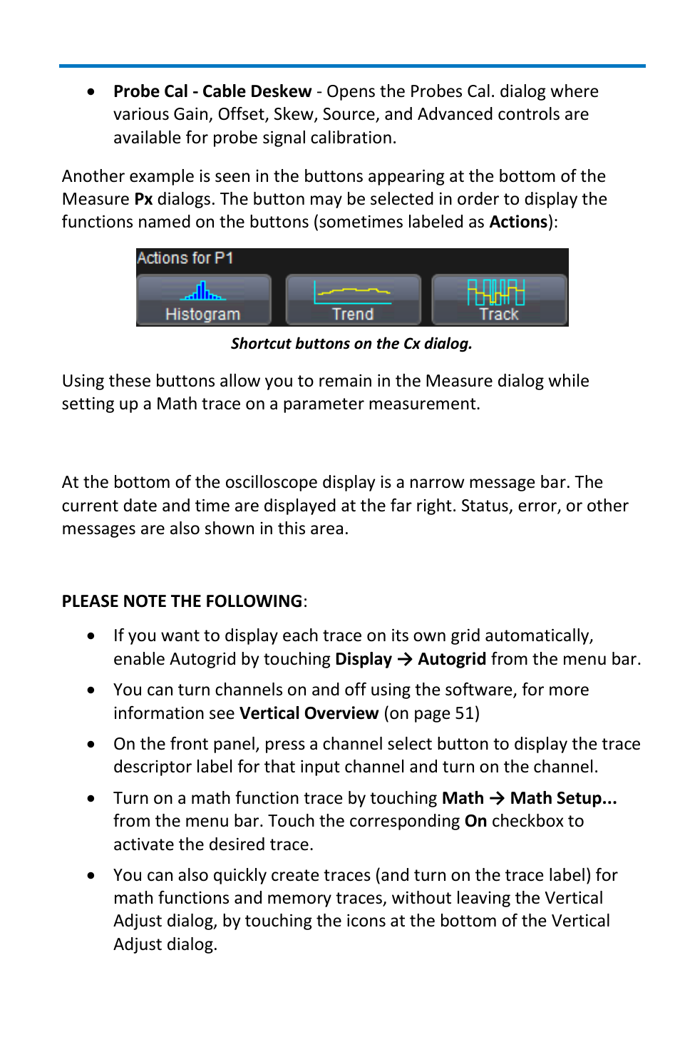 Turning on channels and traces, Message bar | Teledyne LeCroy WavePro 7 Zi_Zi-A User Manual | Page 47 / 188