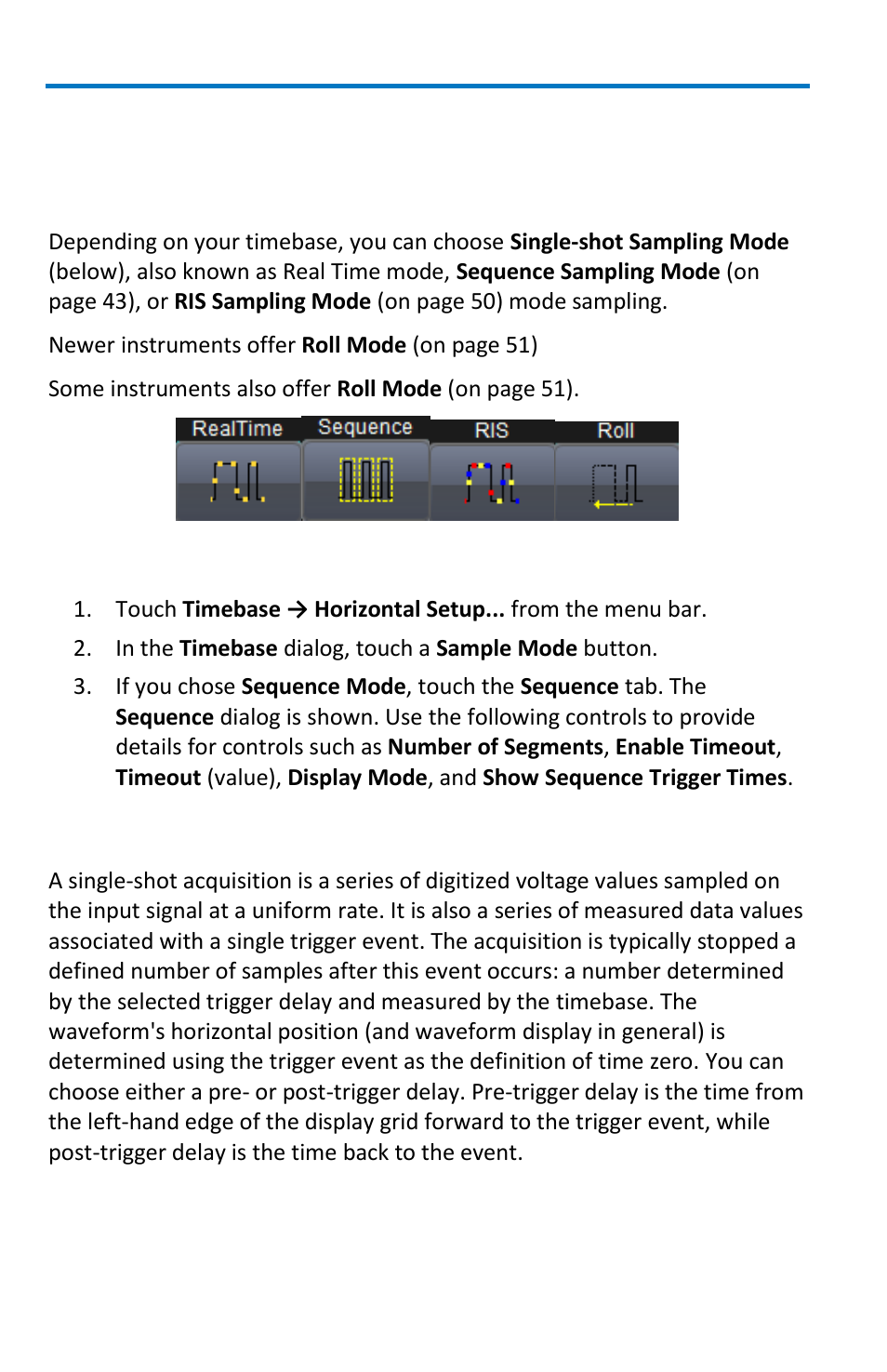 Sampling modes, Sampling modes overview, Selecting a sampling mode | Single-shot sampling mode | Teledyne LeCroy WavePro 7 Zi_Zi-A User Manual | Page 50 / 188