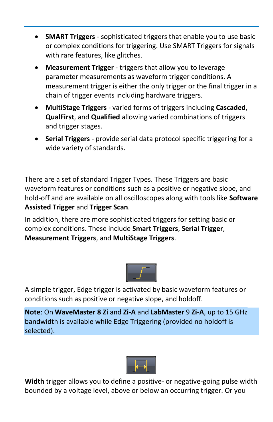 Trigger types, Edge, Width | Teledyne LeCroy WavePro 7 Zi_Zi-A User Manual | Page 67 / 188