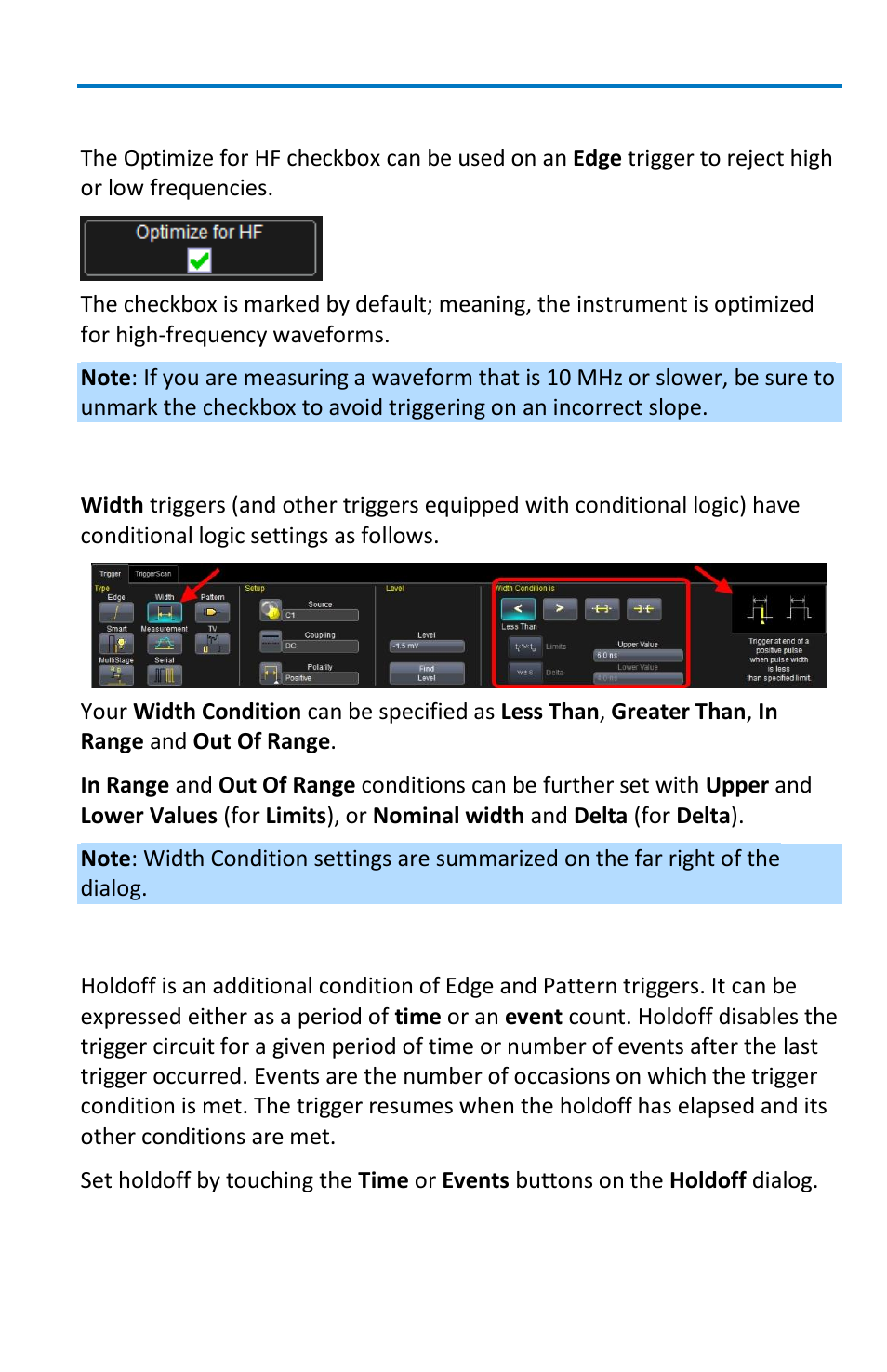 Optimize for hf, Width condition is, Holdoff by time or events | Teledyne LeCroy WavePro 7 Zi_Zi-A User Manual | Page 75 / 188