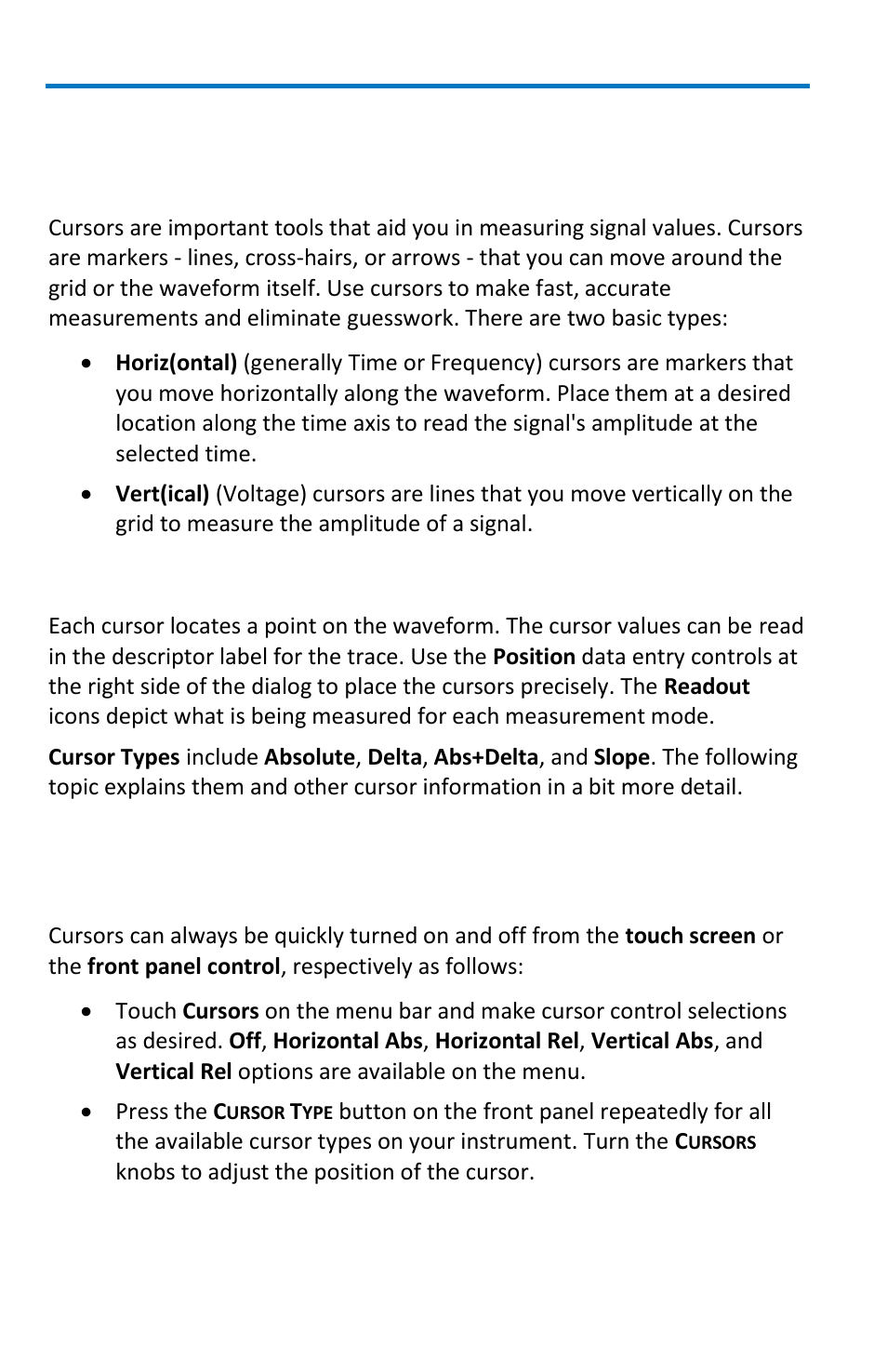 Measuring with cursors, Overview, Cursor types | Cursors setup, Quickly displaying cursors | Teledyne LeCroy WavePro 7 Zi_Zi-A User Manual | Page 94 / 188