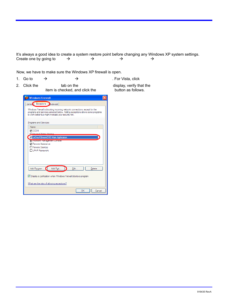 Opening the firewall on windows xp or vista | Teledyne LeCroy WaveExpert series Automation Manual User Manual | Page 264 / 285