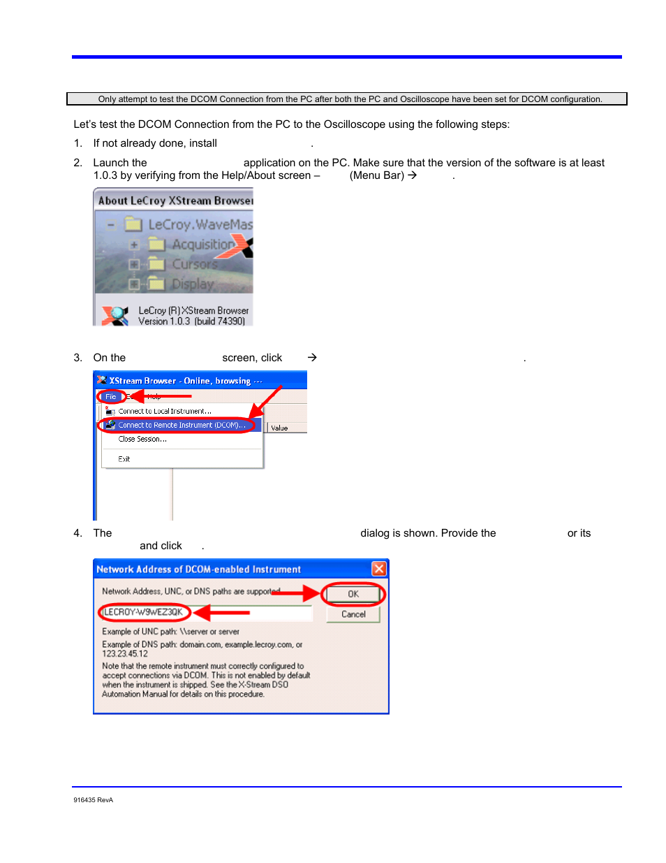 C) testing the dcom connection from the pc | Teledyne LeCroy WaveExpert series Automation Manual User Manual | Page 283 / 285